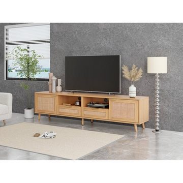 OKWISH TV-Schrank Hochwertiger Holz-TV-Schrank mit Echtholzfüßen (TV-Konsolentisch,200*37*49cm) mit massiven Holzfüßen, Geflochtener Rattan-TV-Boards