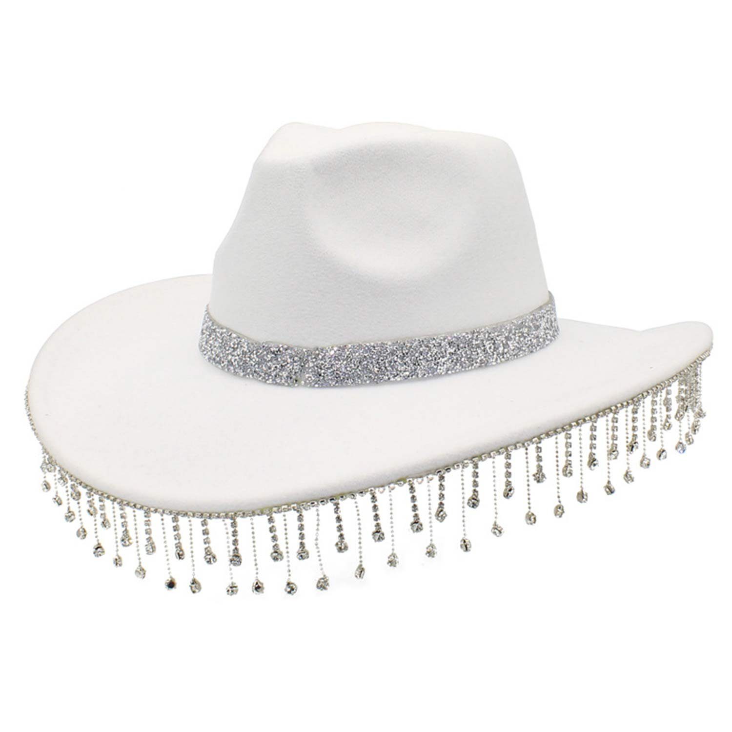 MAGICSHE Cowboyhut Strass Quaste Brauthut Geeignet für Hochzeiten, Musik, Kostüme, Partys weiß