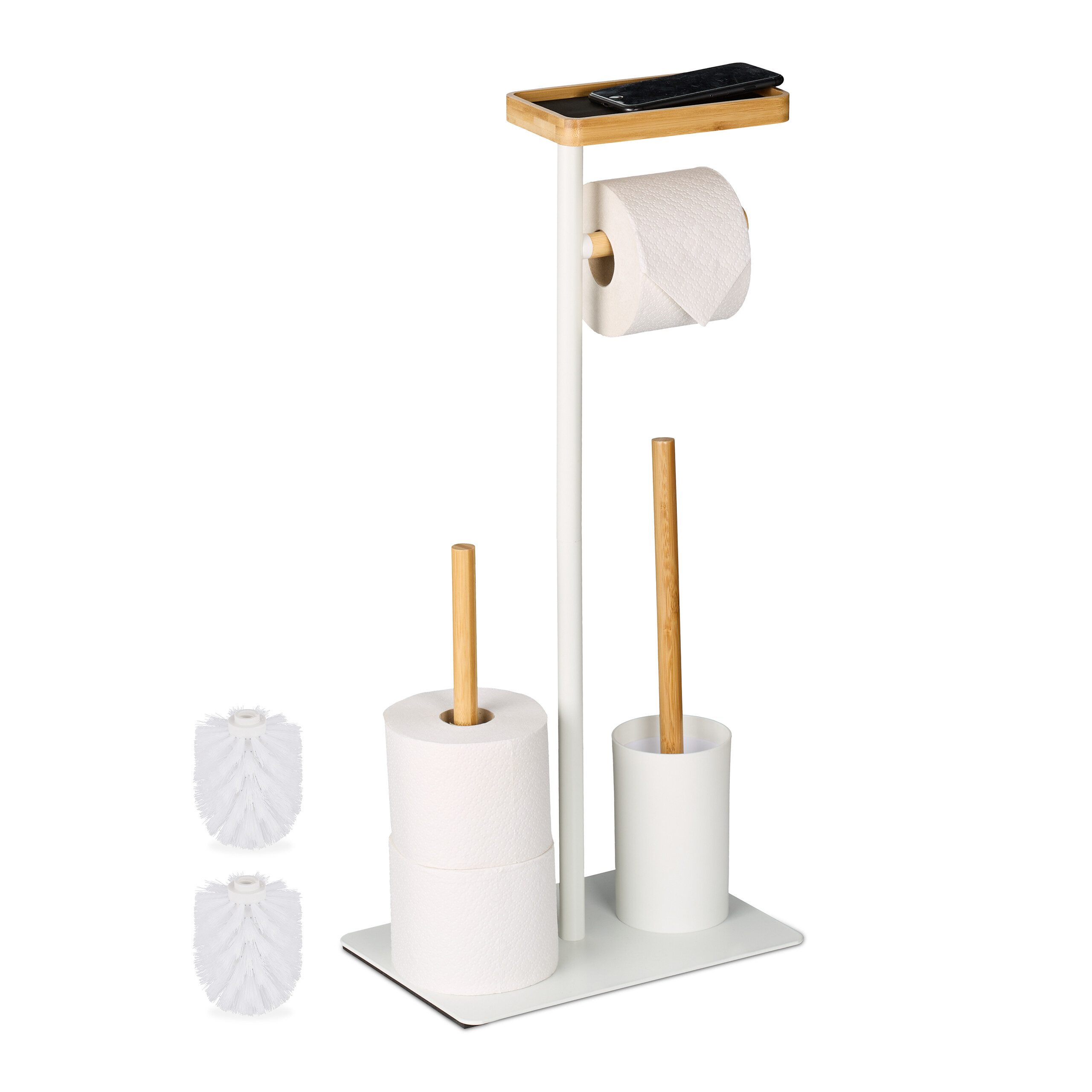 relaxdays WC-Garnitur mit Ablage Bambus & Metall, Gäste-WC, Handelsübliche Toilettenpapierrollen, Badezimmer, (3-tlg)