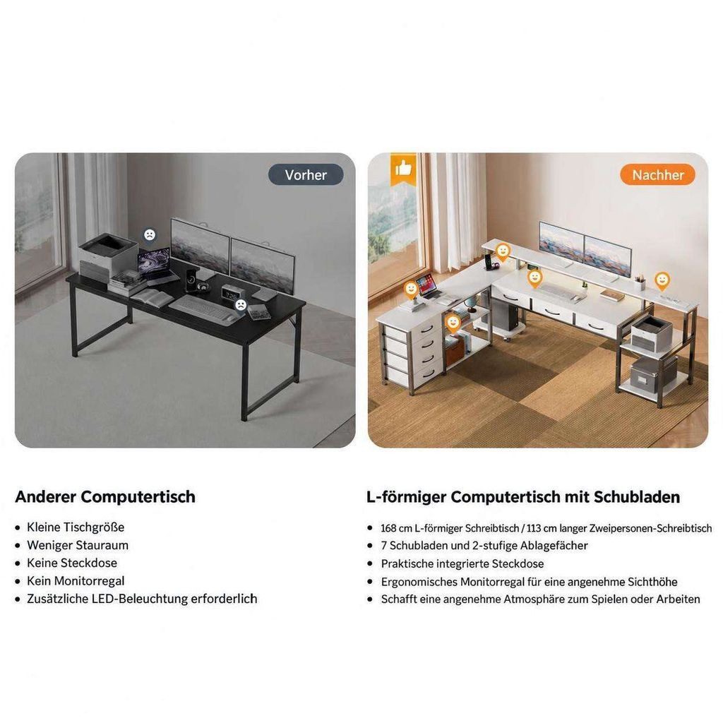 Aiorber Computertisch Aiorber-Weißer L-Eckschreibtisch mit Schubladen für Homeoffice – Bild 5 von 5