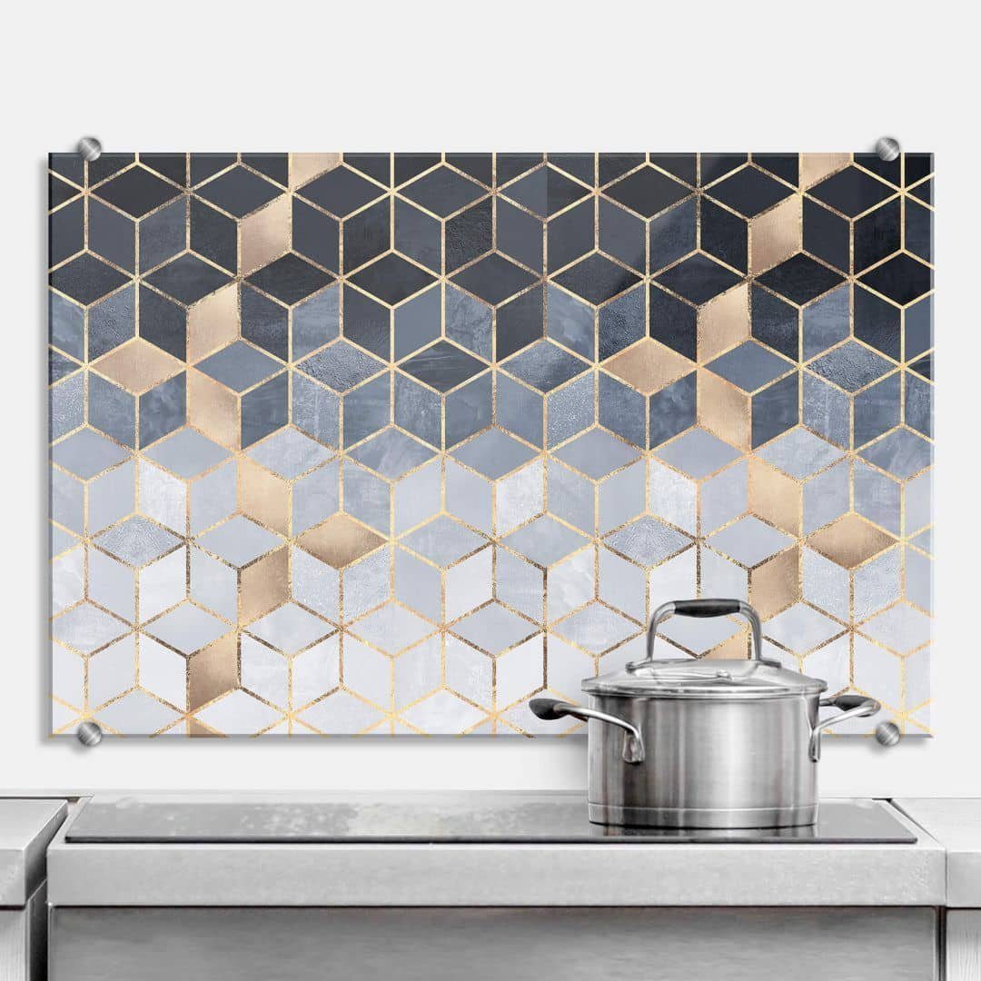 K&L Wall Art Gemälde Glas Spritzschutz Küchenrückwand Blaue Würfel Gold Geometrie, Wandschutz inkl Montagematerial