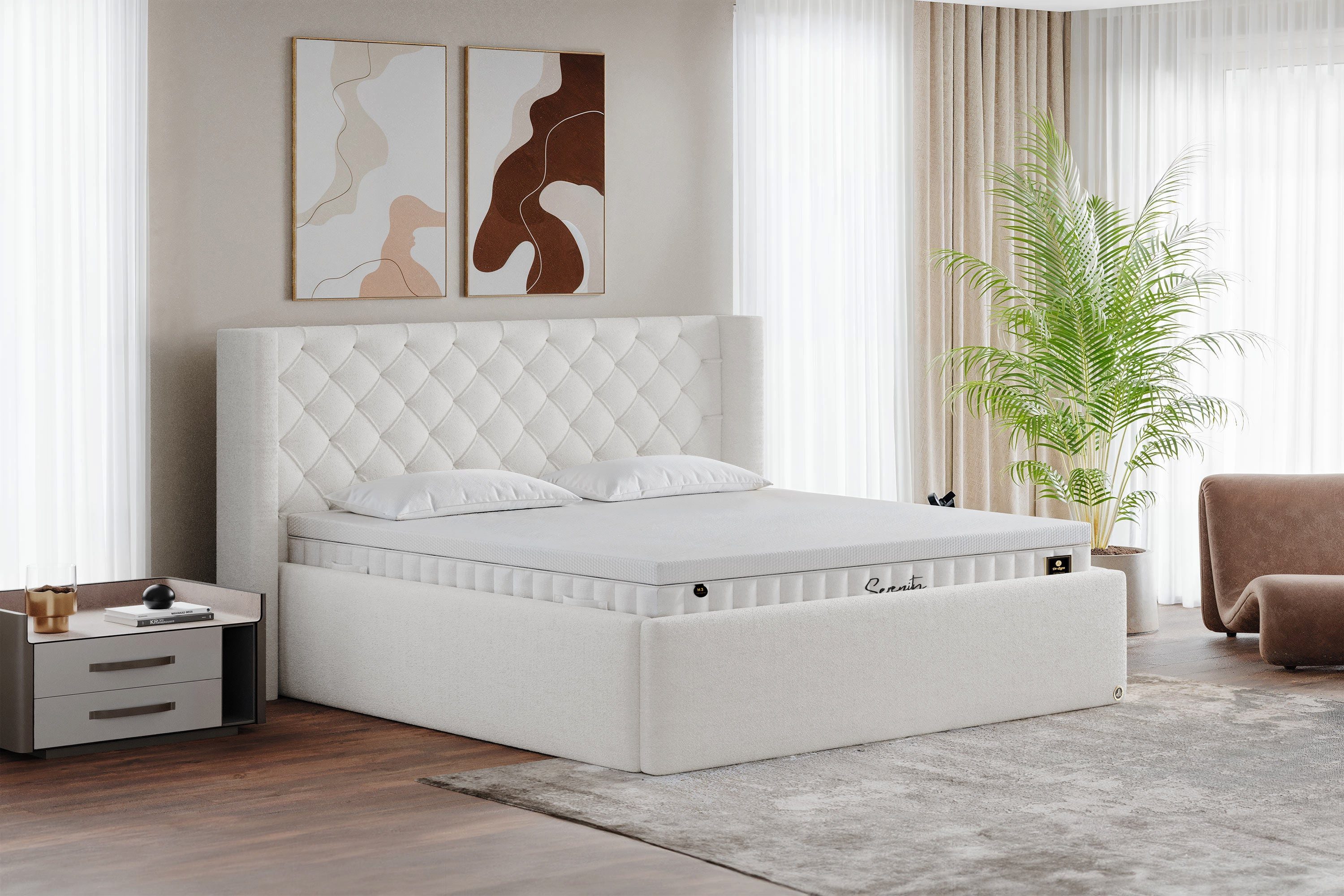 Di-Lara Polsterbett Sarah 240x200 cm (Offwhite, Chesterfield Design & XXL Bettkasten), mit Lattenrost(e) und Bettkasten