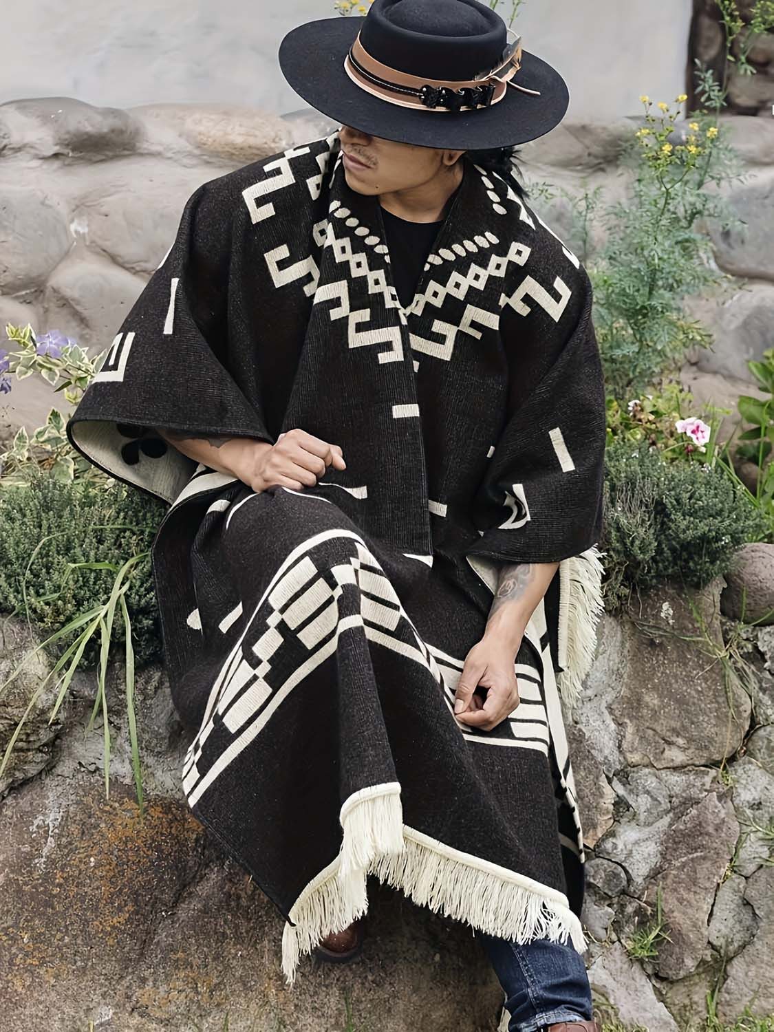 nsihing Poncho Umhang im Western-Cowboy-Stil, Reisecape mit Fransen, warmes Überwurf
