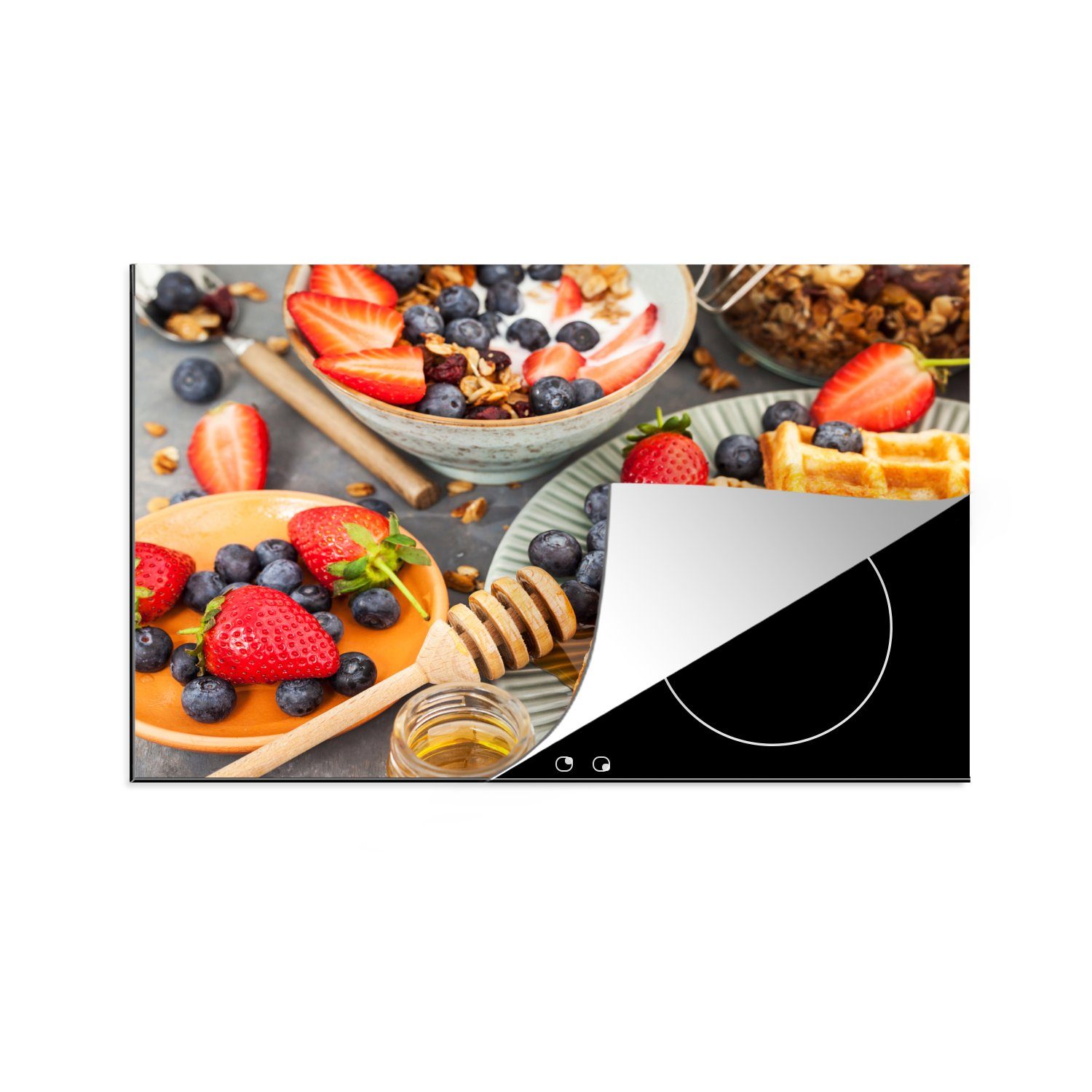 MuchoWow Herdblende-/Abdeckplatte Frühstück mit Waffeln, Vinyl, (1 tlg), 81x52 cm, Induktionskochfeld Schutz für die küche, Ceranfeldabdeckung