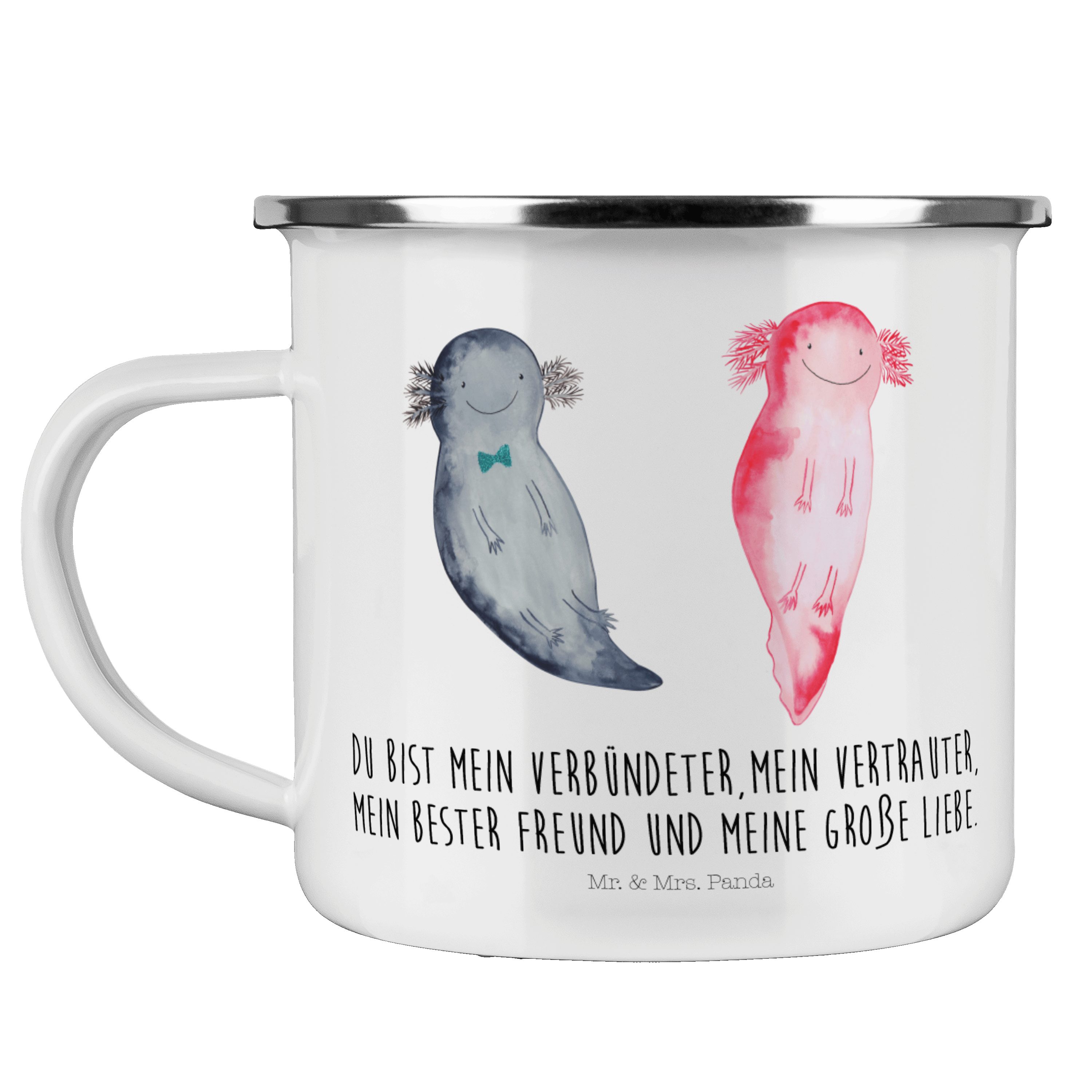 Mr. & Mrs. Panda Becher Axolotl Axel+Lotte - Weiß - Geschenk, Lurch, Molch, große Liebe, Blec, Emaille