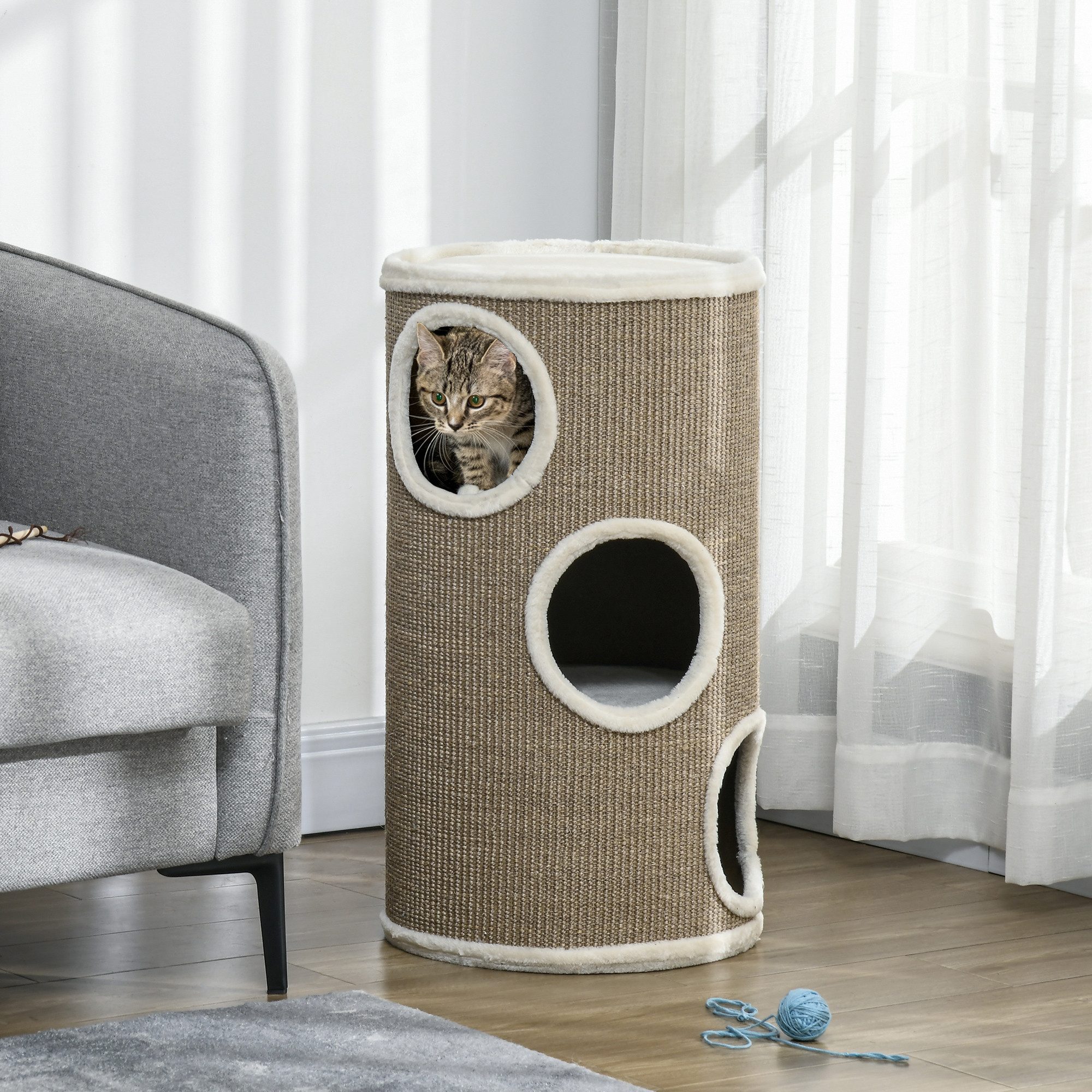 PawHut Kratztonne 3 Ebenen, Katzenkratzbaum mit 3 Höhlen, Kratztonne, (Katzenmöbel, 1-tlg., Kratzturm), für Katzen mit einem Gewicht von unter 5 kg