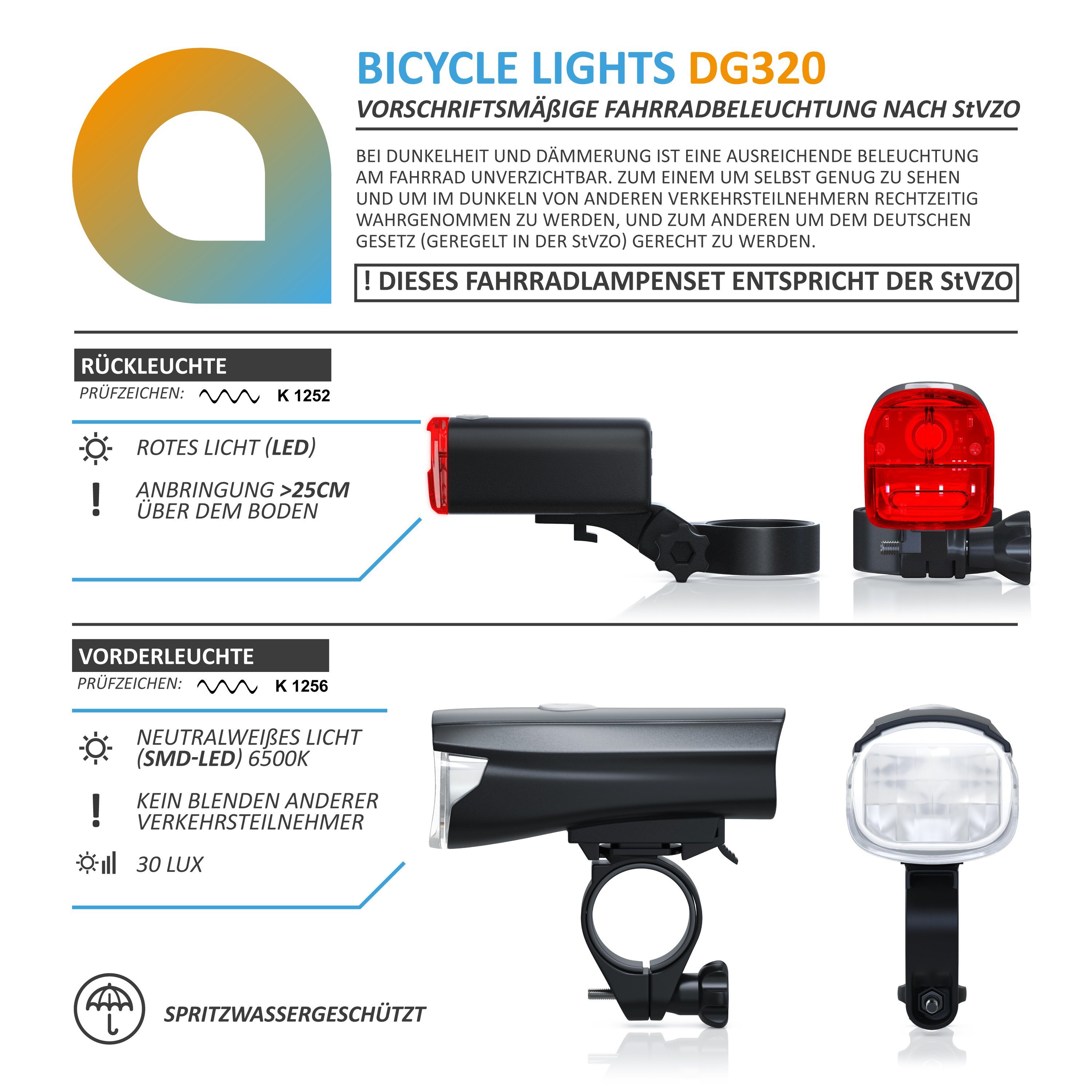 Aplic Fahrradbeleuchtung LED Fahrradlampen-Set mit Front & Rücklicht StVZO zugelassen, 30 Lux, Fahrradlicht Set, Fahrradlampe, Fahrradlicht, Fahrradlampenset
