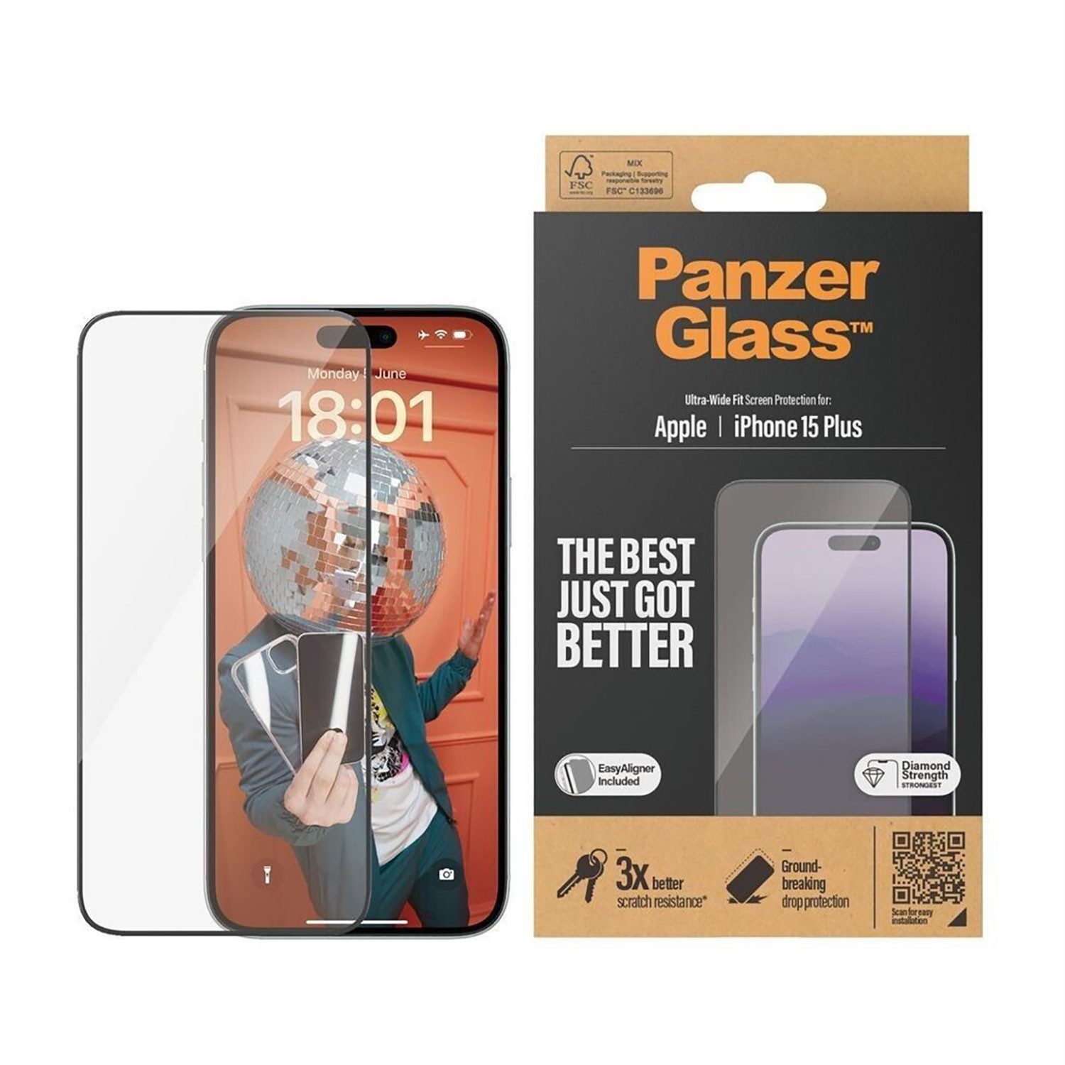 PanzerGlass Schutzfolie Displayschutz iPhone 15 Plus Ultra-Wide Fit mit EasyAligner, Ultra-Wide Fit Design, Extreme Kratz- und Stoßfestigkeit