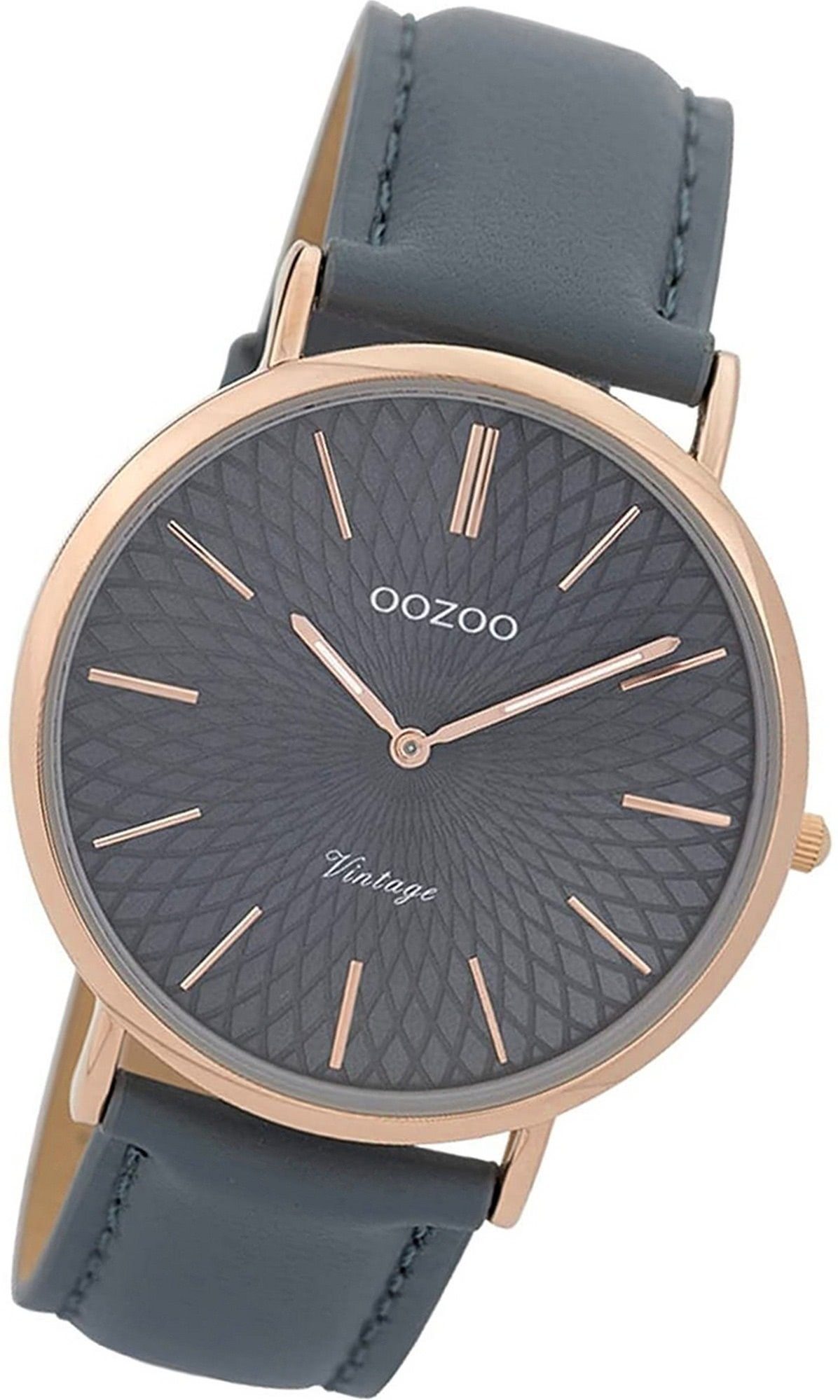 OOZOO Quarzuhr Oozoo Leder Damen Uhr C9338 Analog Quarz, Damenuhr Lederarmband blau, grau, rundes Gehäuse, groß (ca. 40mm)