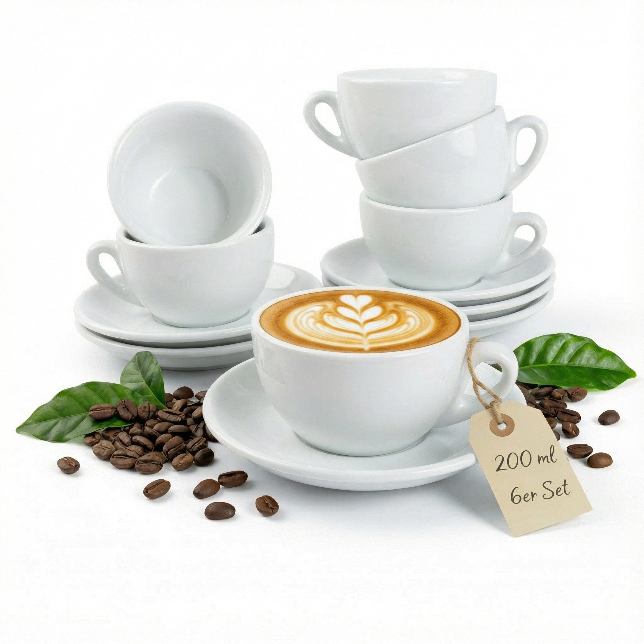 MUVELL Cappuccinotasse 6er Cappuccino-Set "VERONA" Tasse 200ml + Untertasse, weiß, 6-tlg., Keramik, 200 ml Weiß mit weißen Rand und Innenfläche
