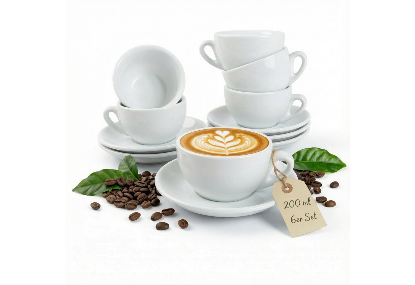 MUVELL Cappuccinotasse 6er Cappuccino-Set "VERONA" Tasse 200ml + Untertasse, weiß, 6-tlg., Keramik, 200 ml Weiß mit weißen Rand und Innenfläche