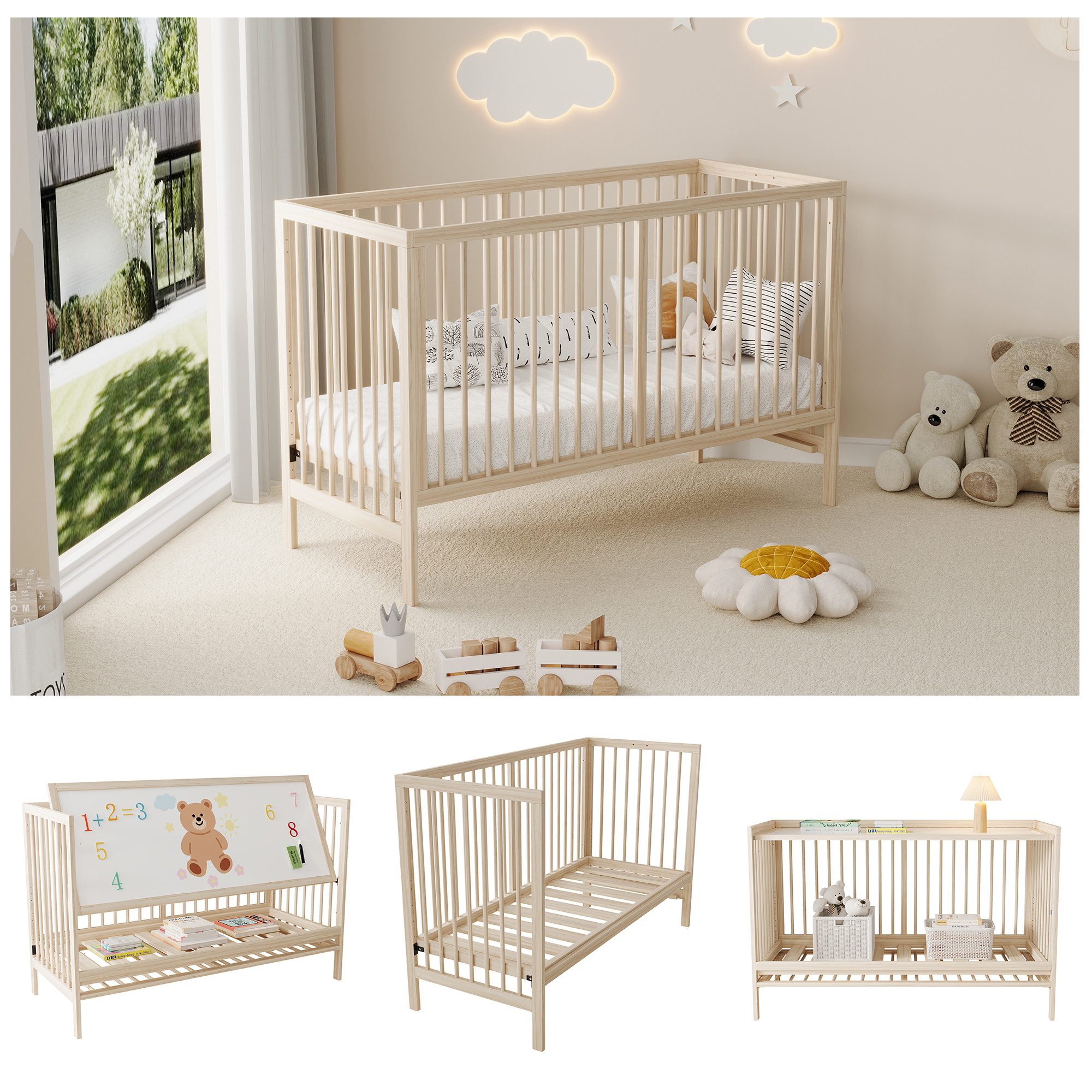 REDOM Babybett Verstellbar, umwandelbar in Möbel für Kleinkinder, ohne Matratze, 1-tlg., 120x60x90 cm, als Beistellbett, Staffelei & Schreibtisch nutzbar