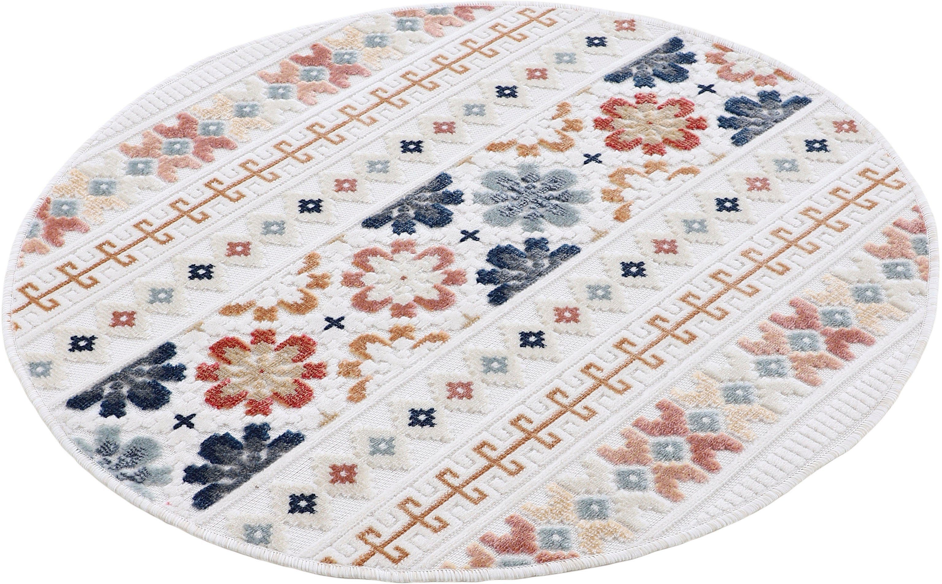 Teppich Deja 103, Floral mm, 4 robustes Effekt beige Palmenblätter, Motiv- Flachgewebe, rund, Höhe: Hoch-Tief carpetfine