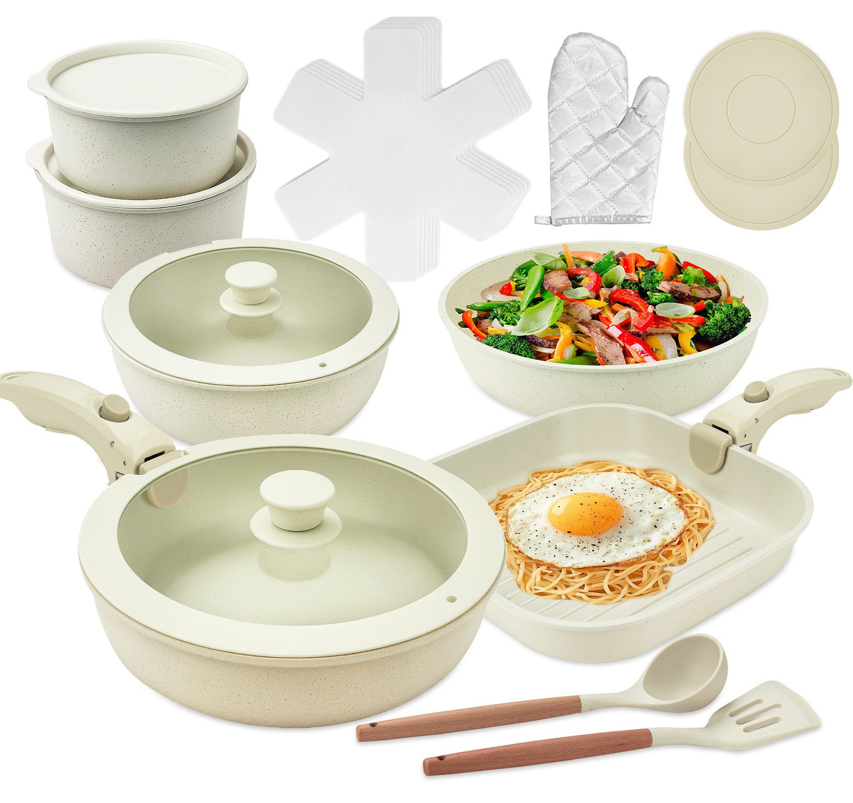 lindahandel Pfannen-Set 23-teiliges Kochset in beige,Antihaft-Pfannen mit abnehmbaren Griffen, Inkl.Töpf&Küchenzubehör,Gleichmäßige Wärmeverteilung einfacheReinigung