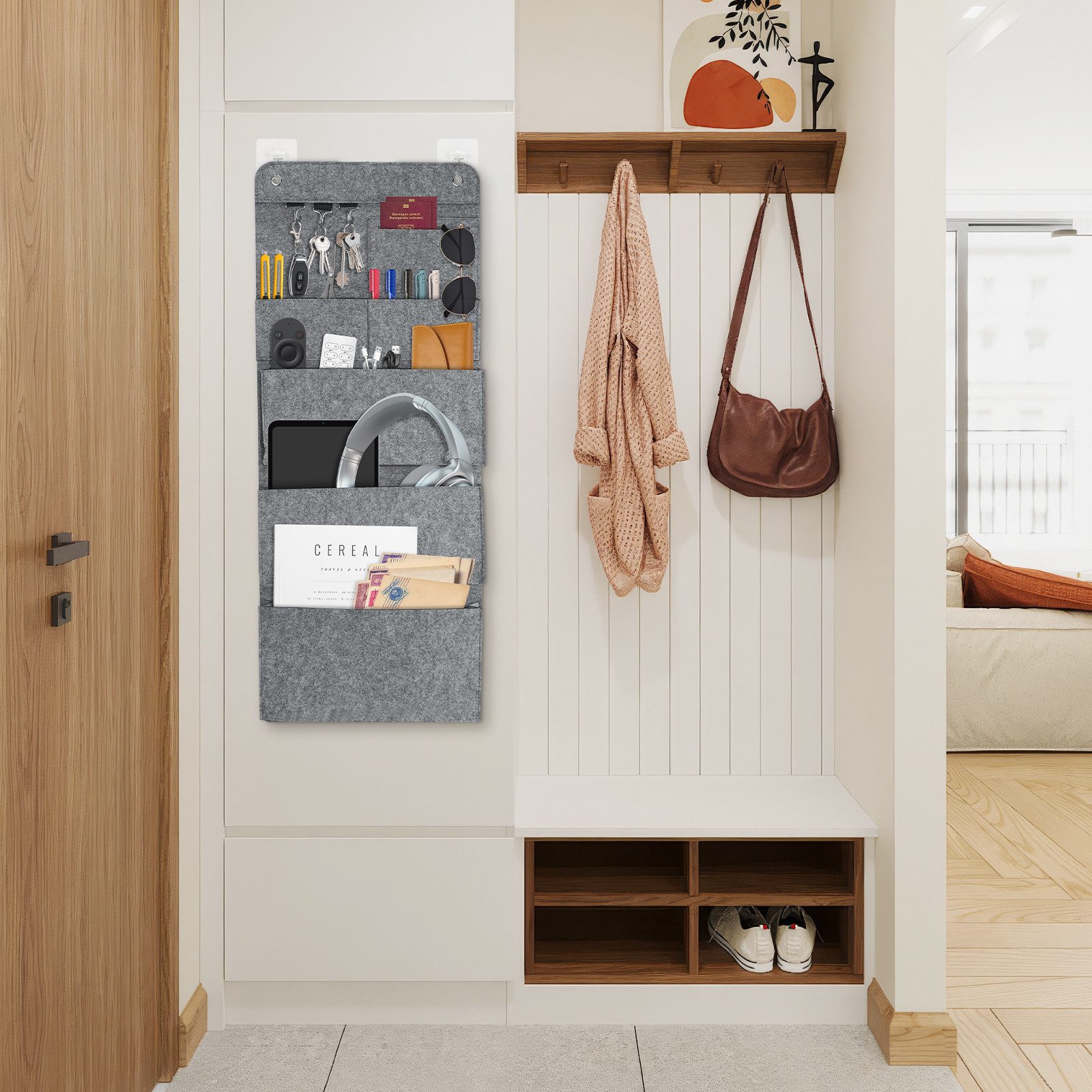 BlingBin Hängeaufbewahrung 2 Stück Hängeorganizer Aufbewahrungstaschen aus Filz, Klappbar (2er Set, 2 St., 2tlg Organizer zum Hängen 6 Fächer 3 Haken), Wand Organizer Große Kapazität Hängend Tasche für Türen, Flure, Büro