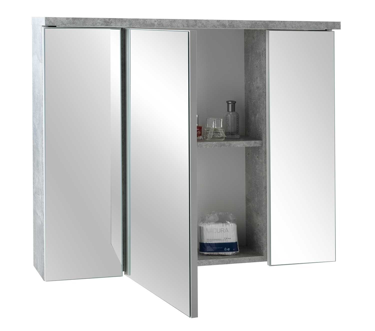 Badezimmerspiegelschrank Spiegeltüren, cm, B LED-Beleuchtung POOL, 3 grau, Betondekor inkl. 80