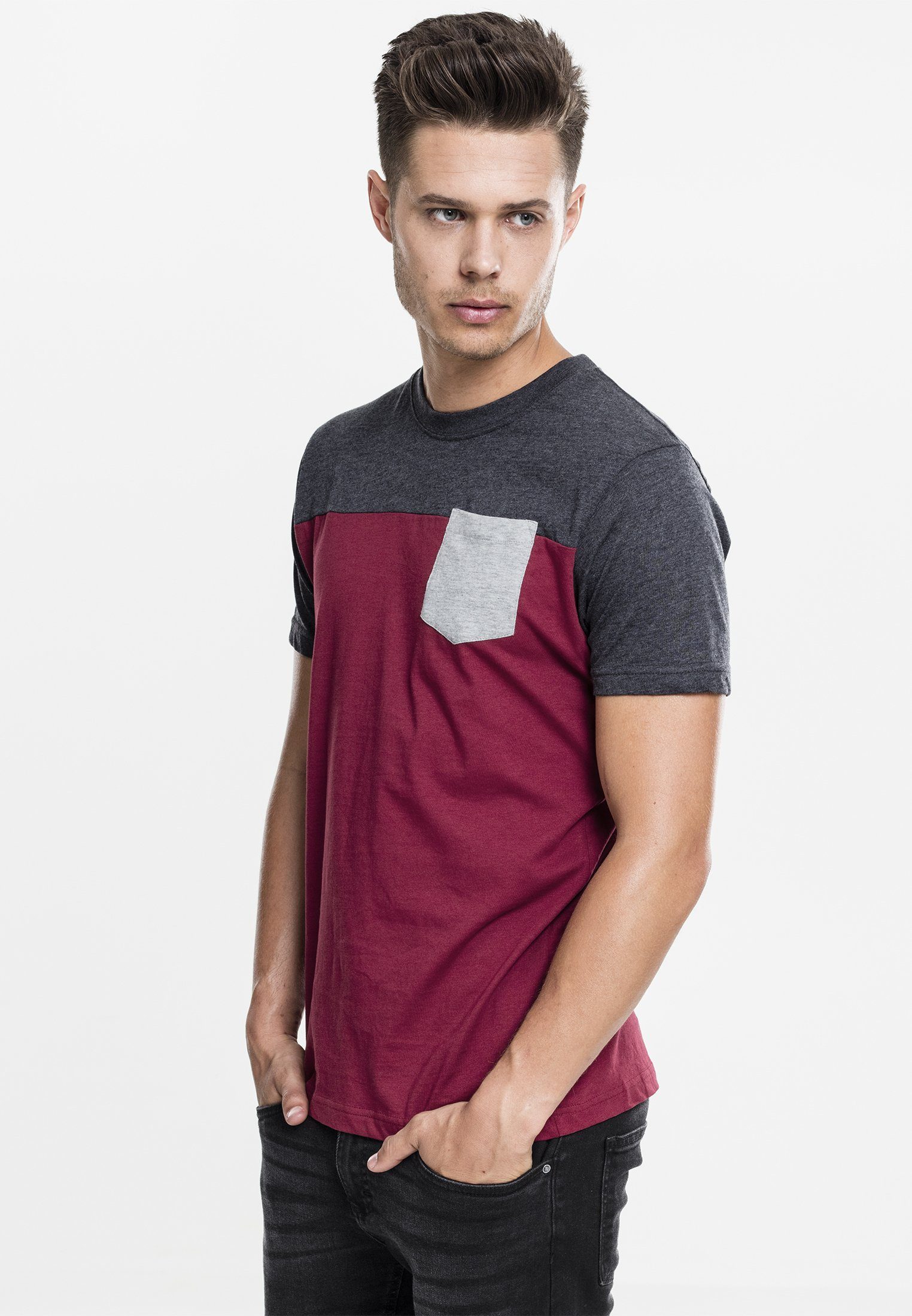 (1-tlg) Tee 3-Tone Pocket CLASSICS URBAN T-Shirt T-Shirt burgundy/charcoal/grey