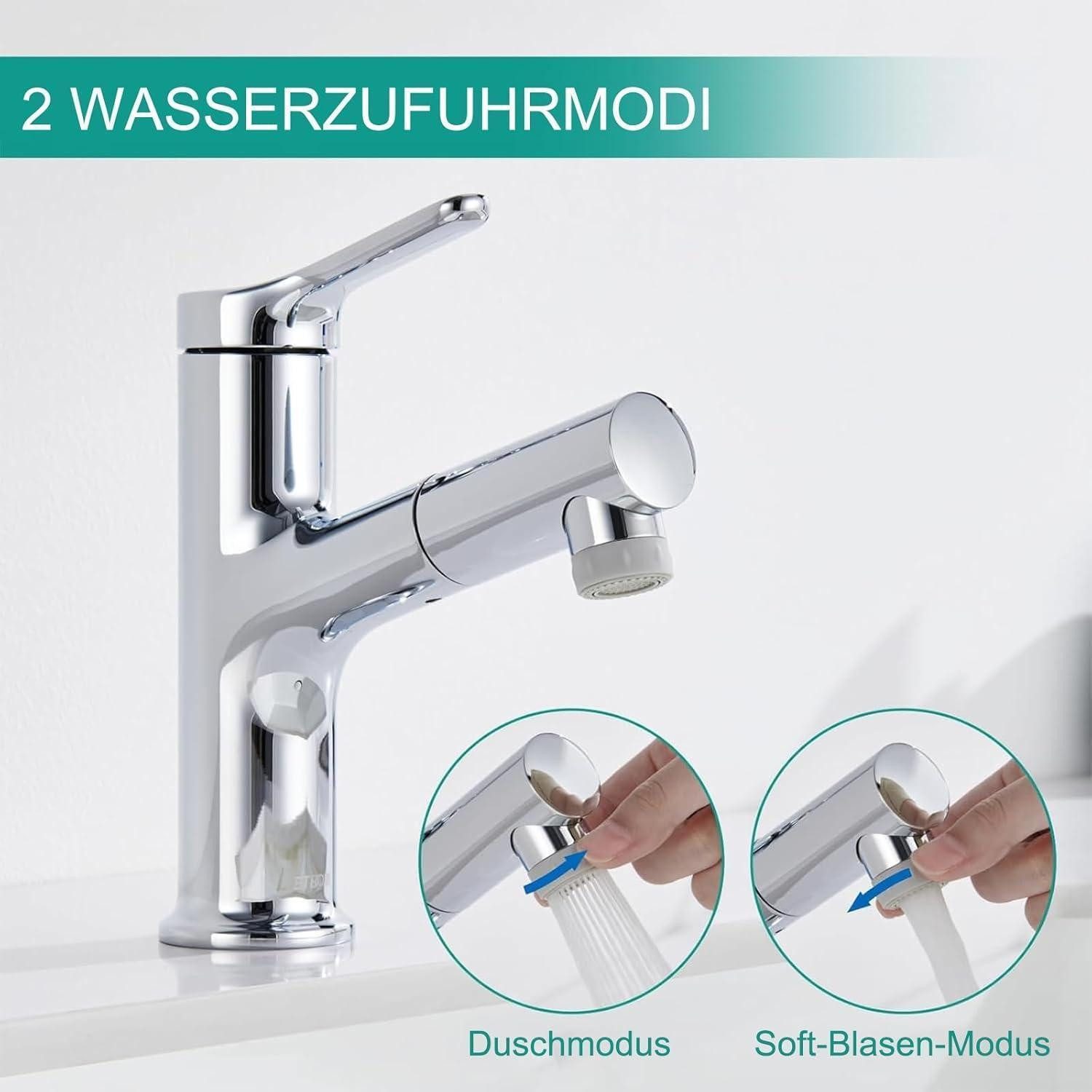 LuxusKollektion Waschtischarmatur Wasserhahn Einhebelmischer Ausziehbar 2 Strahlarten Höhe 196mm–chrom – Bild 2 von 5