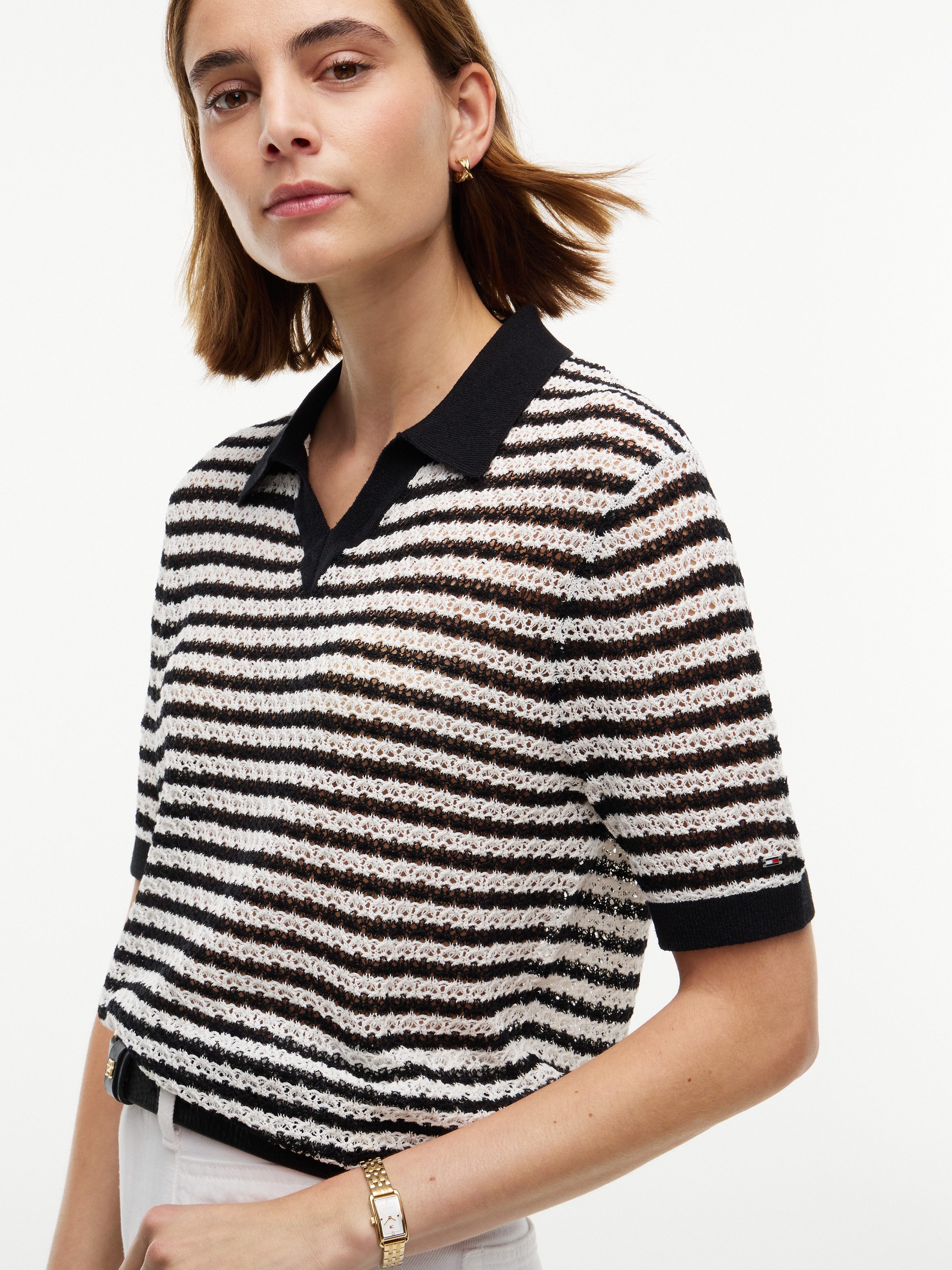 Tommy Hilfiger Polokragenpullover POINTELLE V-NK POLO SS Baumwollmischung, Polokragen – Bild 2 von 5