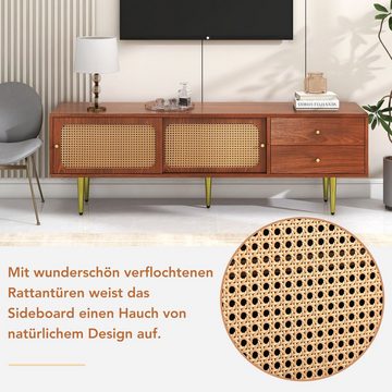 Sweiko TV-Schrank Lowboard mit Rattan-Schiebetüren und 2 Schubladen, Metallfüße, 160*40*60cm