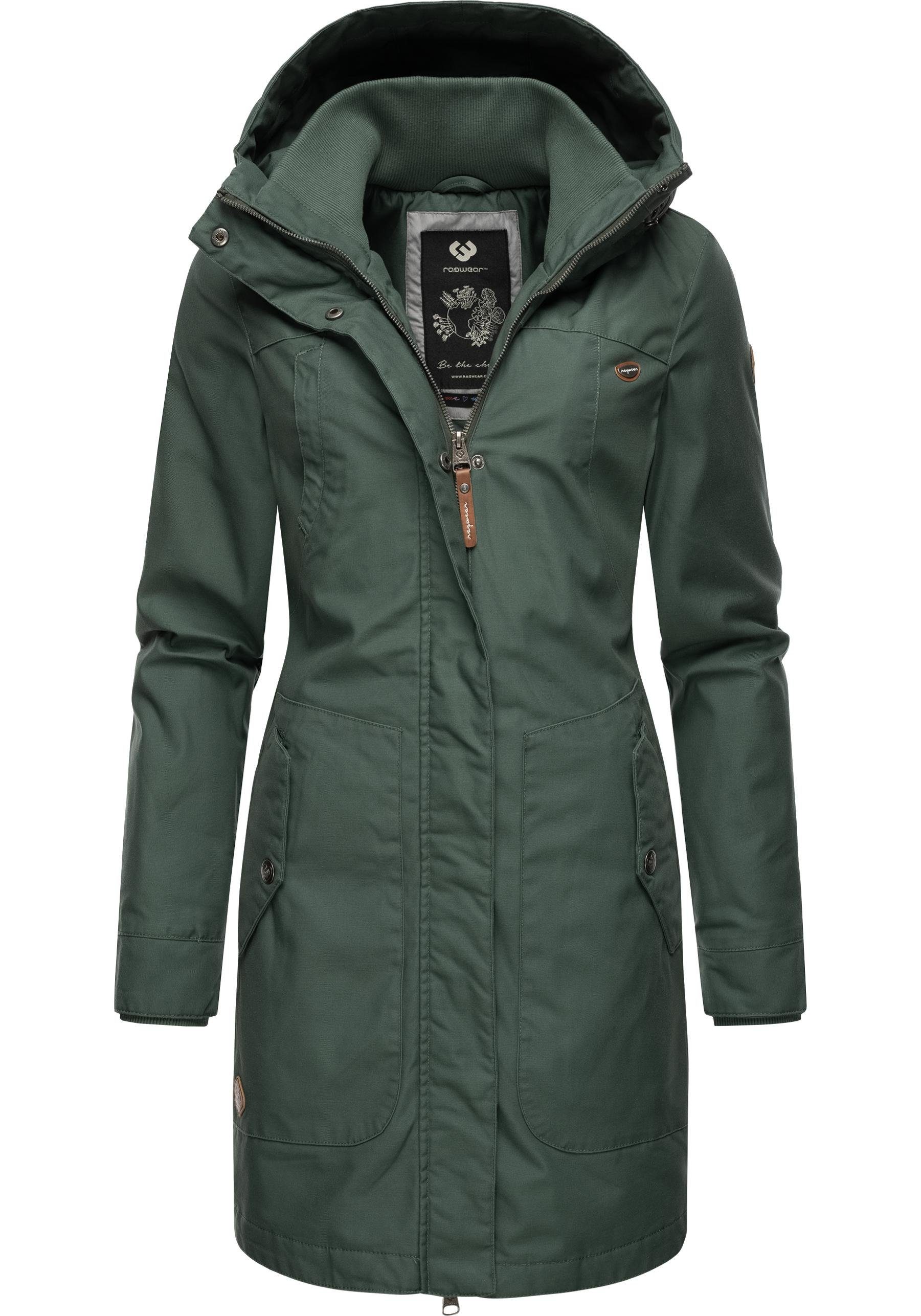 Wintermantel Damen stylischer tannengrün mit Kapuze Ragwear Winterparka Jannisa