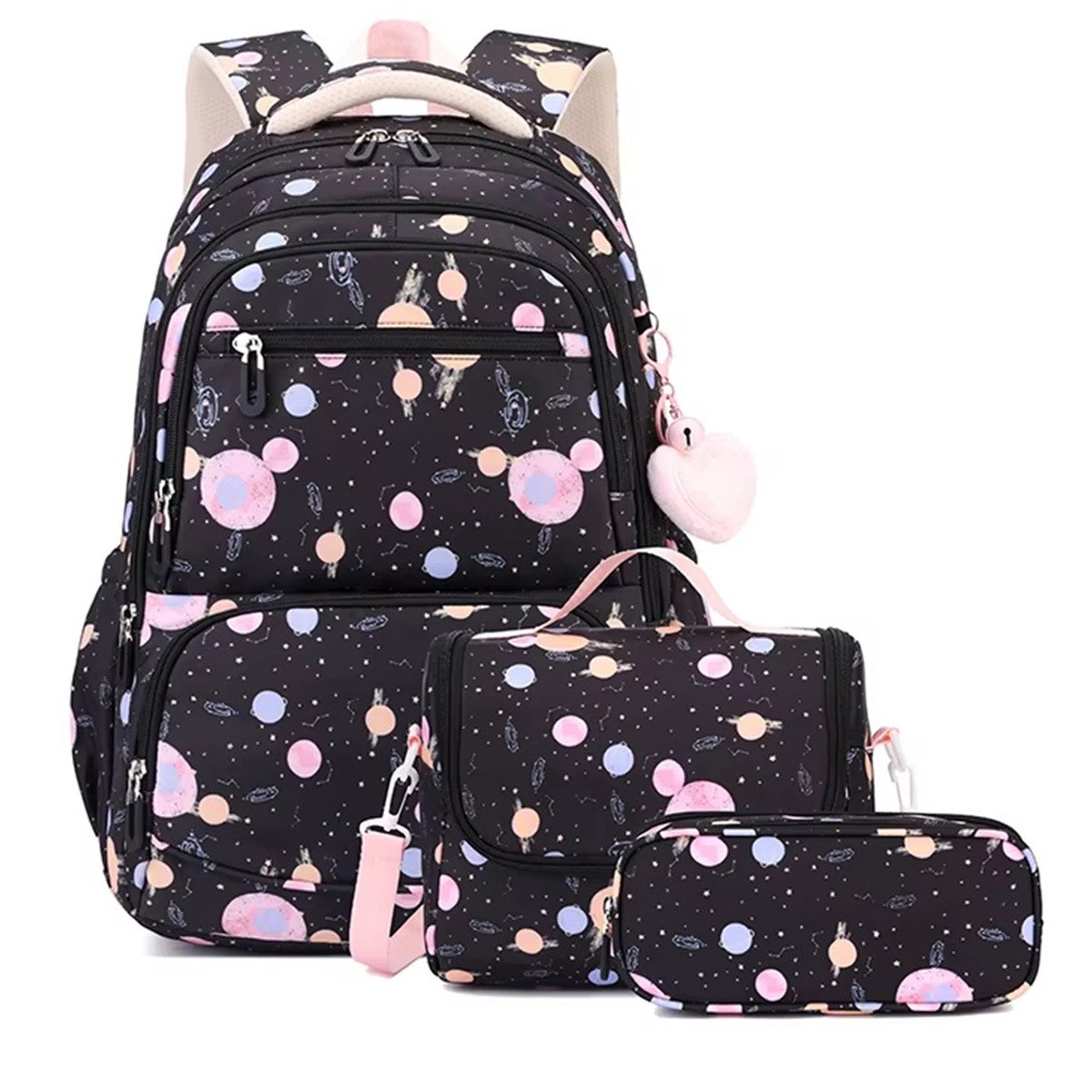 MOPUEA Schulrucksack Rucksack Schultaschen 3er Set Schule Mädchen Jungen Teenager (Turnbeutel Seitentasche, Laptopfach, Wasserabweisend Schulranzen, 3-tlg., mit Lunchpaket und Mäppchen), Verstellbarer Schultergurt Büchertasche für Schule,Reisen und Freize