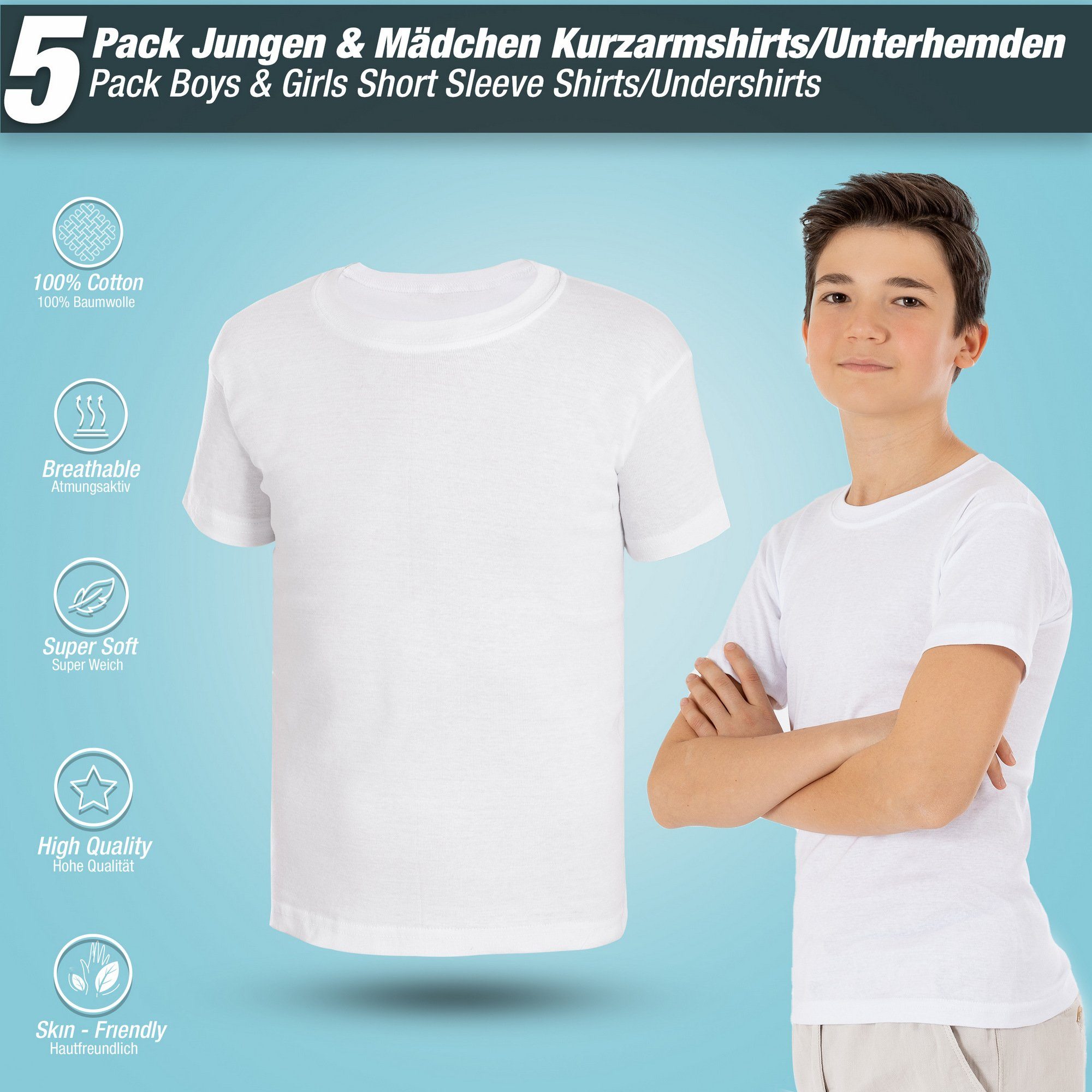 Shirt 100% Weiss - Unterhemd T-Shirt 5 Unterhemd & (Spar-Packung, Kurzarm Mädchen Baumwolle Jungen LOREZA 5-St)