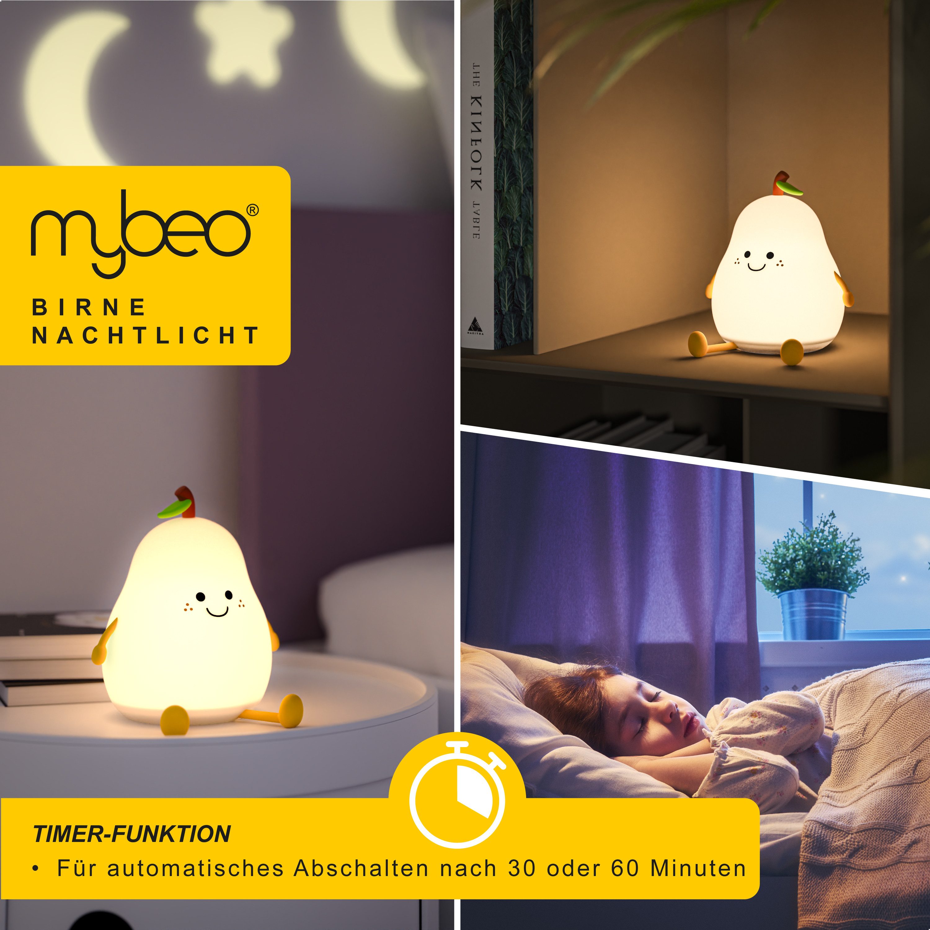 MyBeo LED Nachtlicht für Babys und Kinder, dimmbar, Nachtleuchte mit RGB Farbwechsel, Akku, Dimmfunktion; Farbwechsel; mehrere Helligkeitsstufen; Nachtlichtfunktion, LED fest integriert, Extra-Warmweiß, Farbwechsler, Birne, Einschlafhilfe, Timer 30/60 Min, 3 Helligkeitsstufen, USB-C