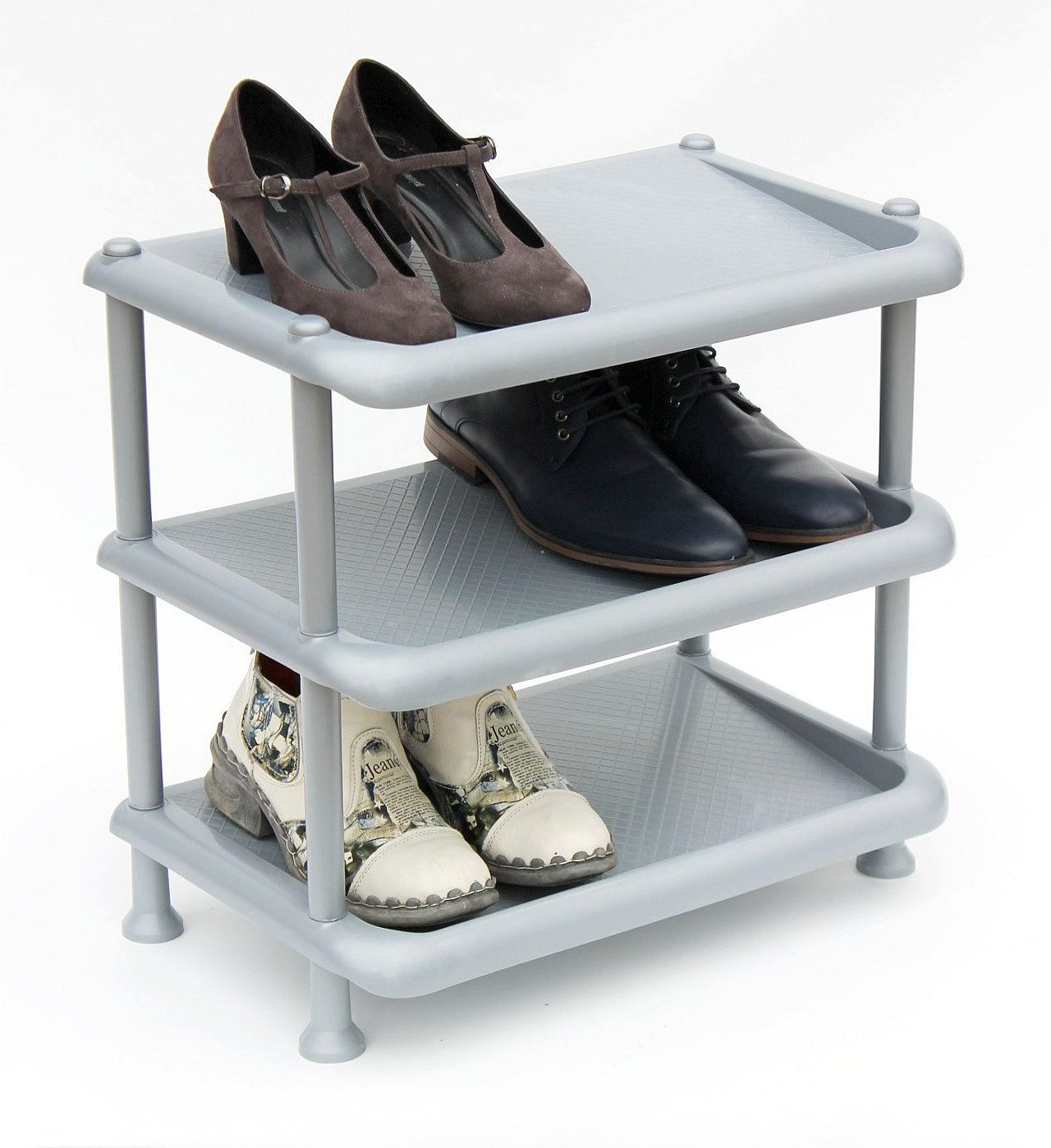 DanDiBo Schuhregal Kunststoff 93900 Stapelbar Schuhablage Offen Schuhständer mit 3 Ebenen, Grau Schuhschrank