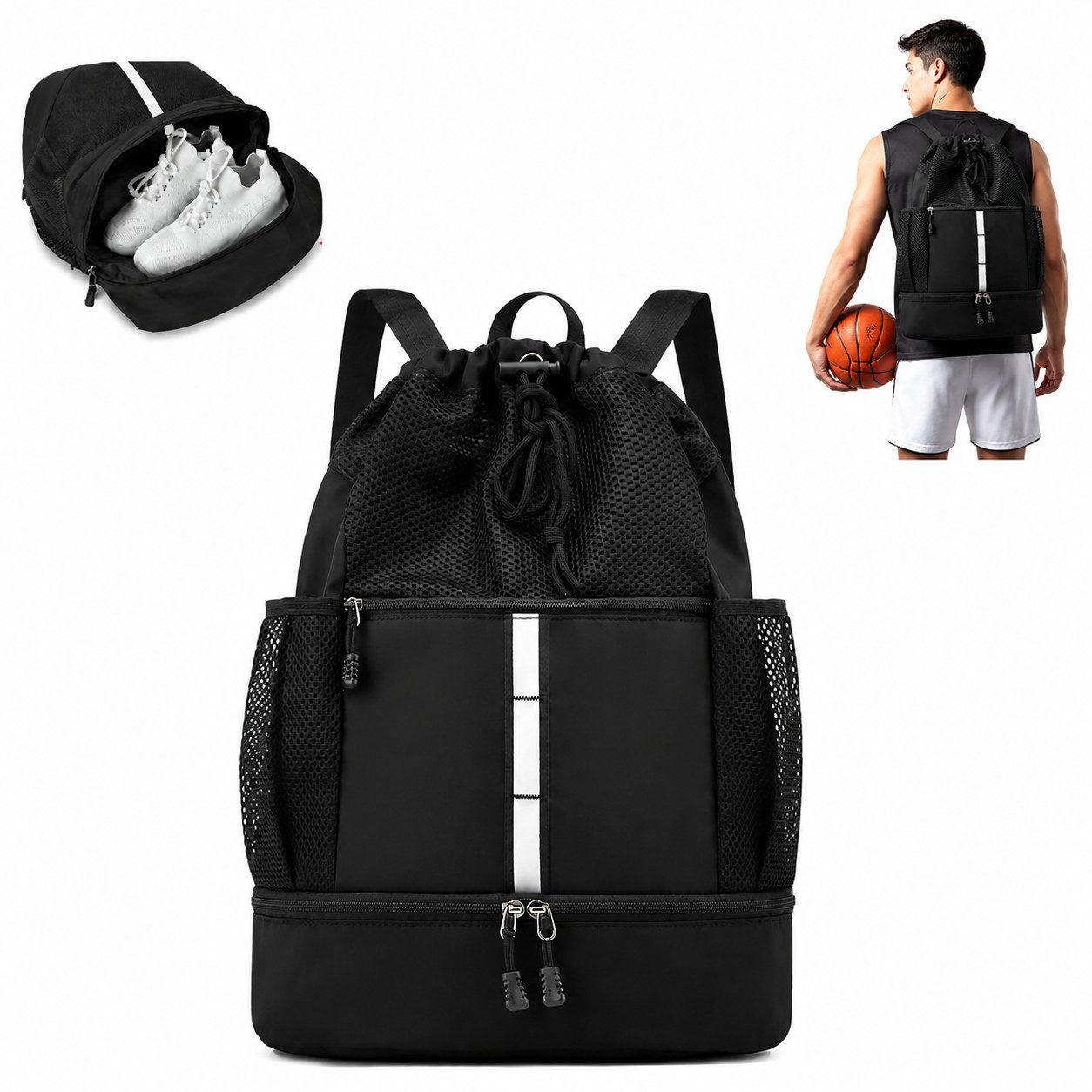 Toomoke Rucksack Sport Rucksack mit Schuhfach Basketball Tasche Herren Damen Schwarz (Großer Sportrucksack, mit separatem Schuhfach, Nassfach und Platz für Basketball), ideal für Fitness, Training und Freizeit.