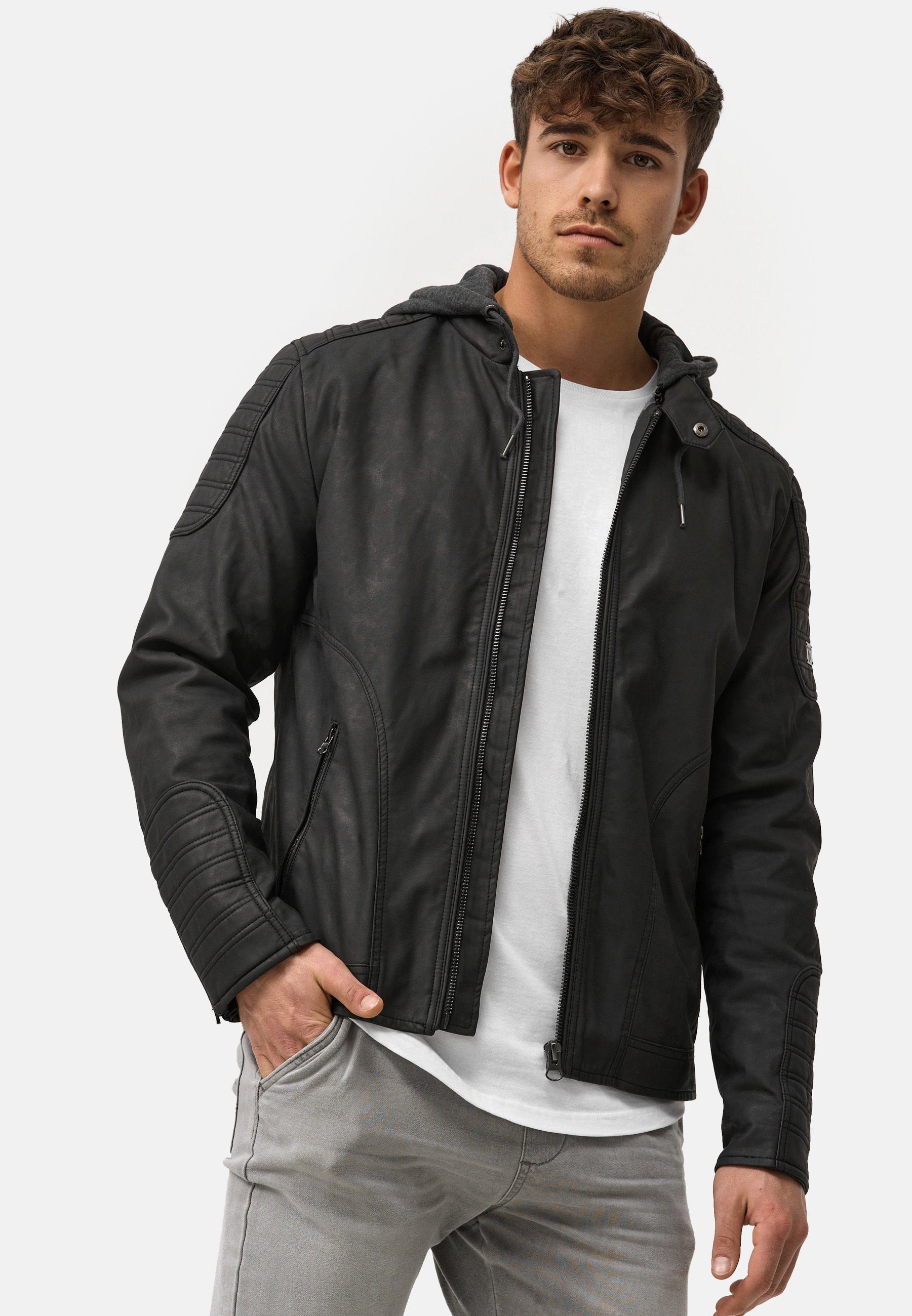 Indicode Lederimitatjacke Herren Miguel Übergangsjacke Herrenjacke mit Kapuze