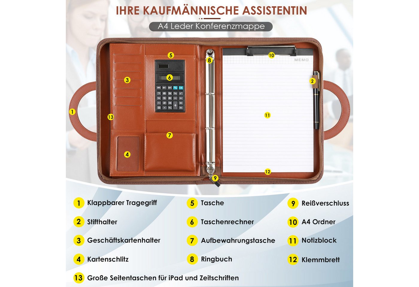 Thumbnail - TLGREEN Konferenzmappe A4 Schreibmappe mit Reißverschluss (1-St), Wasserdicht Dokumentenmappe mit Ringbuch