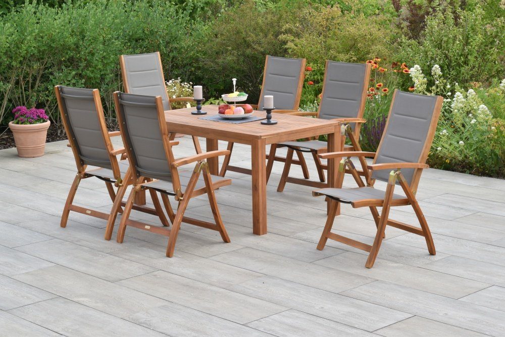 MERXX Garten-Essgruppe Acapulco, (Set 7-teilig, Tisch, 6 Klappsessel, Akazienholz mit Textilbespannung), mit ausziehbarem Tisch