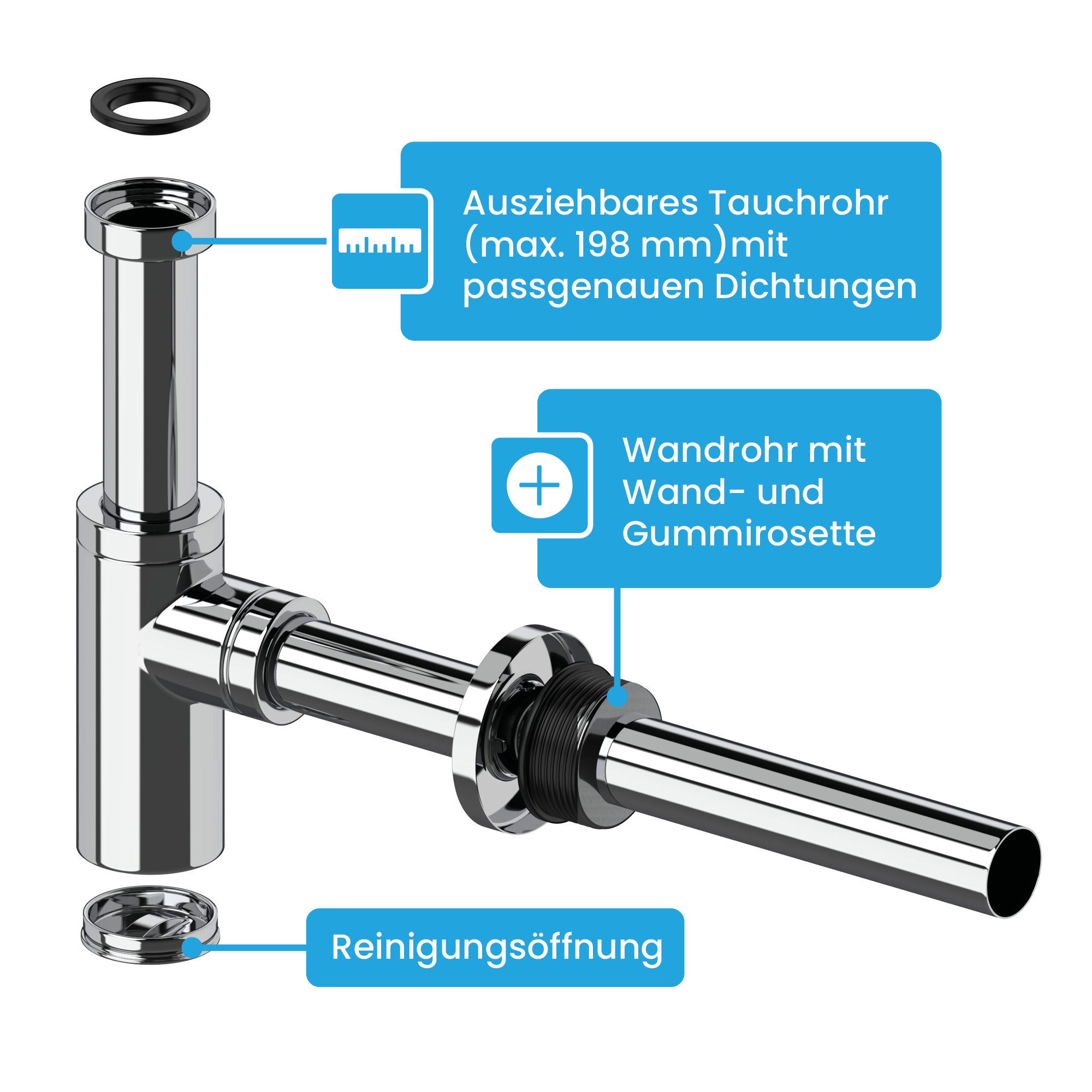 Bächlein Siphon Eleganter Waschbeckenablauf, (Hochwertiger Waschbeckensiphon, Chromfarben), Innovative Reinigungsöffnung, Universell einsetzbar