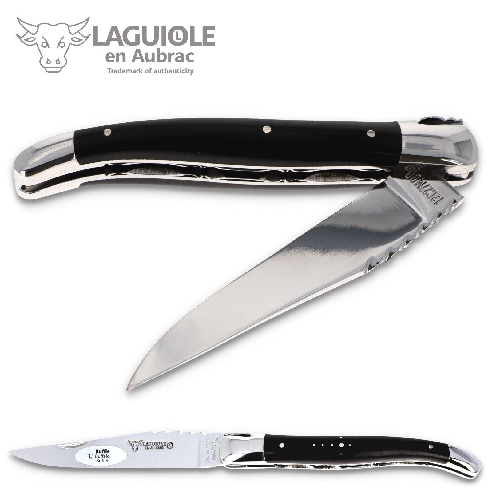 Laguiole en Aubrac Taschenmesser L0712BUIZ, Griff 12cm Büffelhorn - Spiralfeder - Doppelplatine - Stahl glänzend