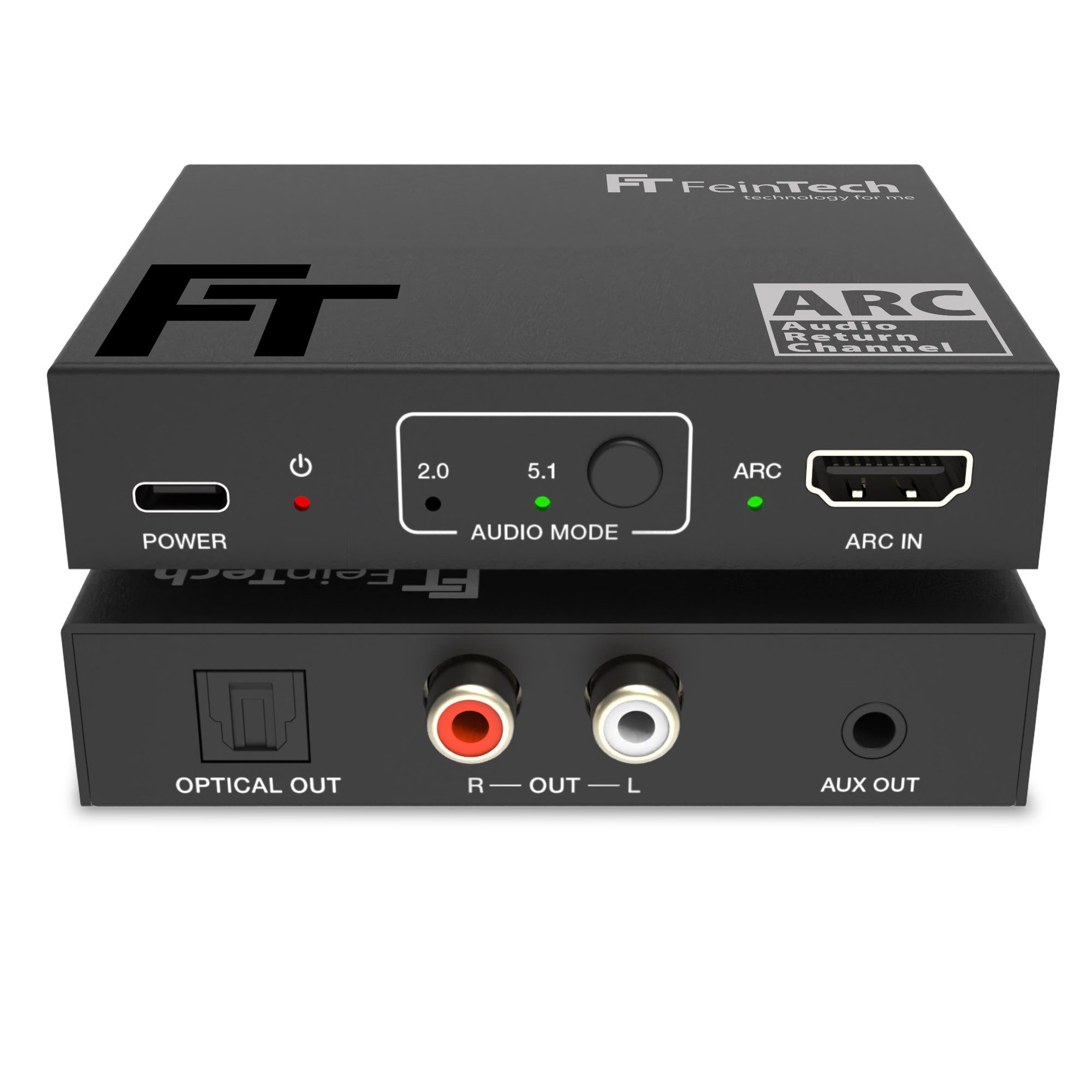 FeinTech AX130 HDMI eARC Audio Extractor Audio-Adapter zu 3,5-mm-Klinke, Toslink, Cinch L/R, für TV, mit Lautstärke-Steuerung