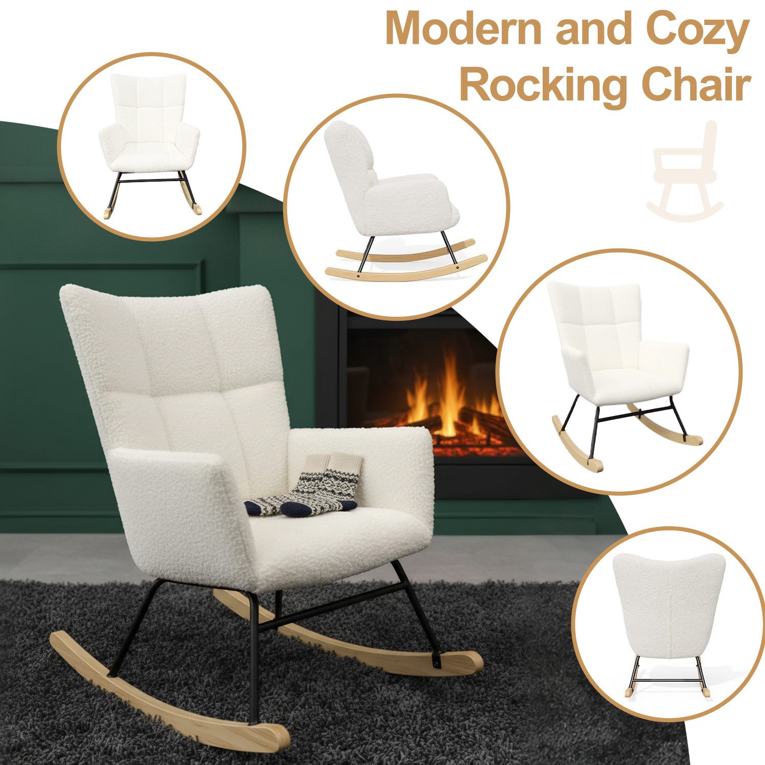 oyajia Schaukelstuhl Stillsessel Relaxsessel Loungesessel (Mit Holzkufen Wohnzimmersessel für Schlafzimmer Kinderzimmer,Teddysamt), Metallgestell Holzsockel – Bild 5 von 5
