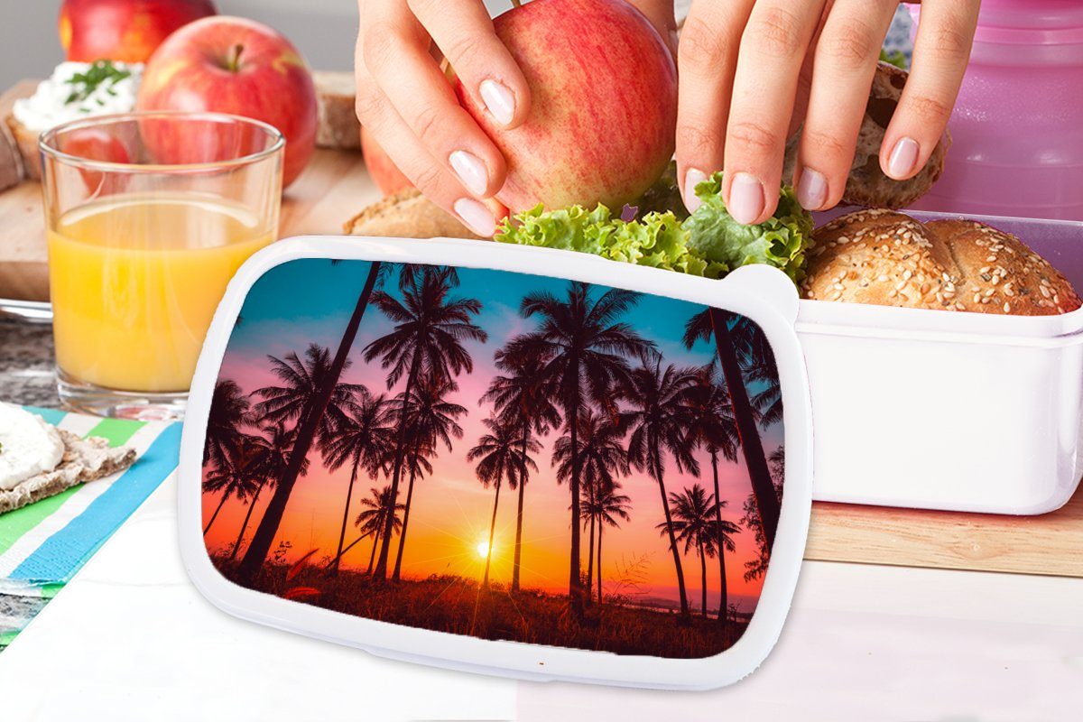 MuchoWow Lunchbox Palme und Kunststoff, für Sonnenuntergang - weiß Brotbox für Erwachsene, - Orange - - Rosa, Mädchen Brotdose, Jungs Horizont und (2-tlg), Strand Kinder 