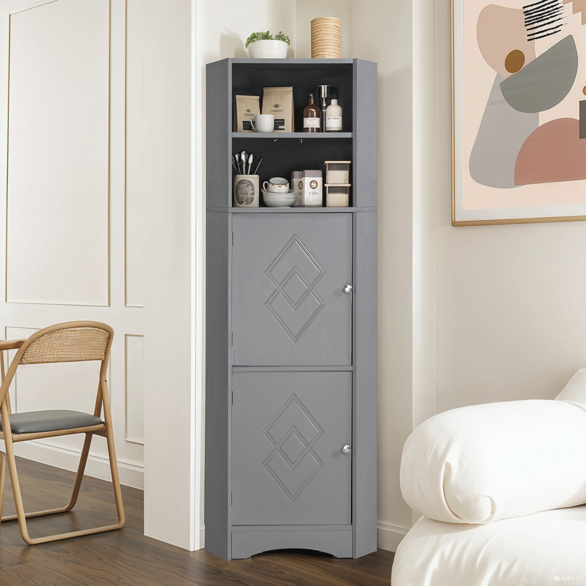 Flieks Badkommode Eckschrank mit 2 Türen und verstellbarem Einlegeboden (36.5x36.5x155 cm, 1 St., für Wohnzimmer, Arbeitszimmer, Schlafzimmer), Hochschrank mit 5 Fächern Mehrzweckschrank Badmöbel, Höhe 155 cm