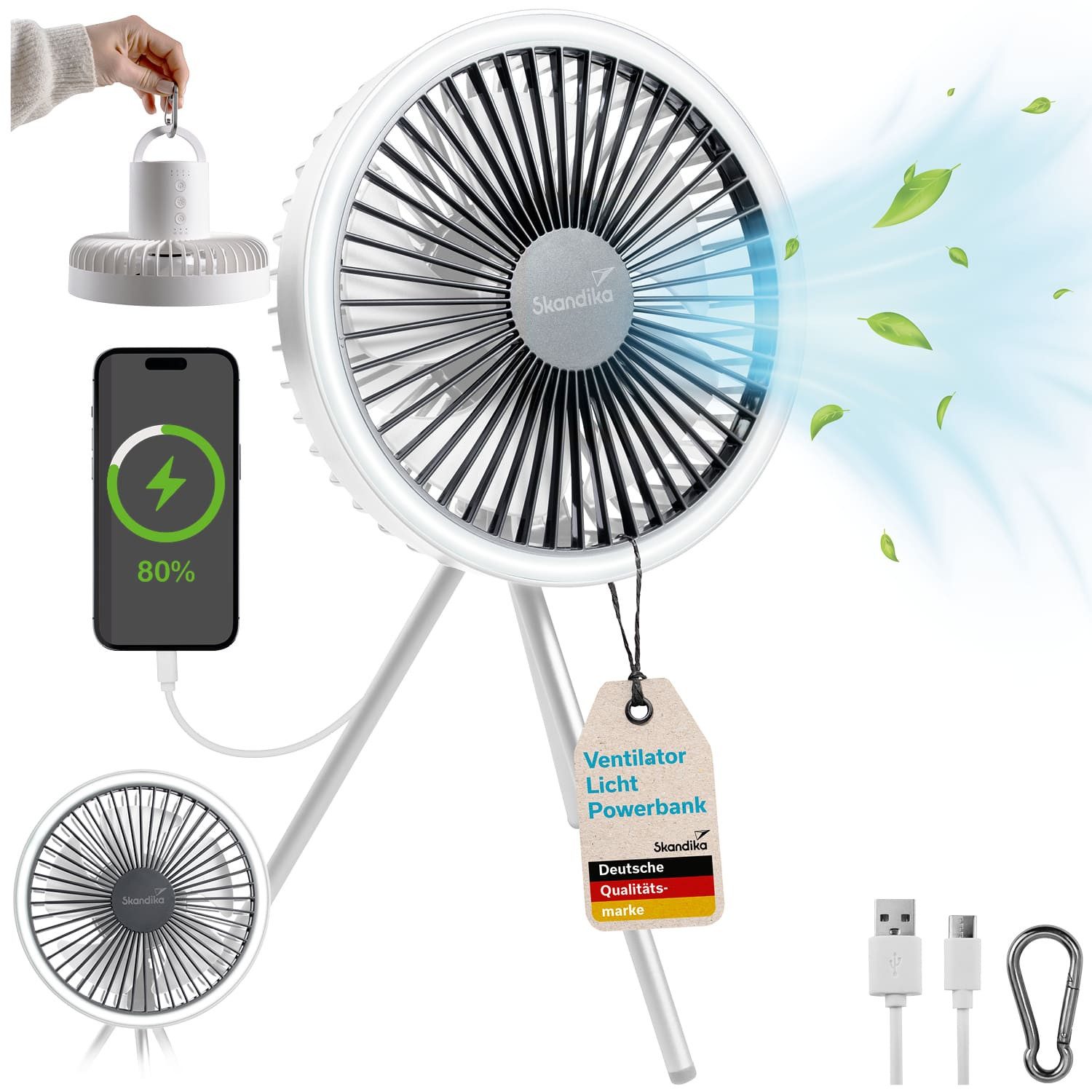 Skandika LED Gartenleuchte Campinglampe Solvind mit Ventilator, Dreistufig dimmbar, mit Tischventilator & Powerbank, Ringlicht weiß, mit USB Typ C