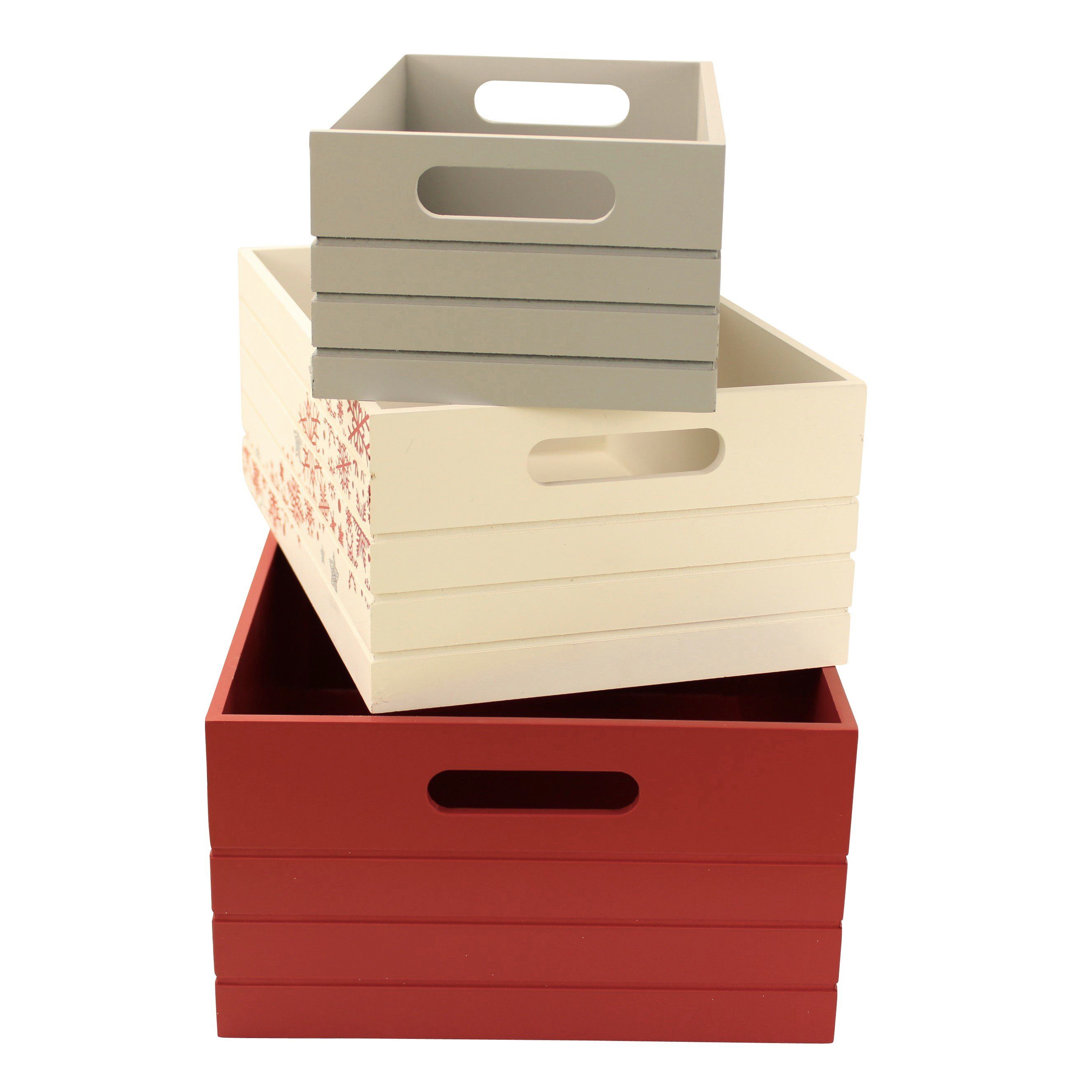 Online-Fuchs Geschenkbox 3er Set Deko Holzkisten, ideal als Geschenkverpackung zu Weihnachten - (Geschenkpapier, Geschenktüten, bedruckt mit Sternen und Schneeflocken, Weinkisten-Art)