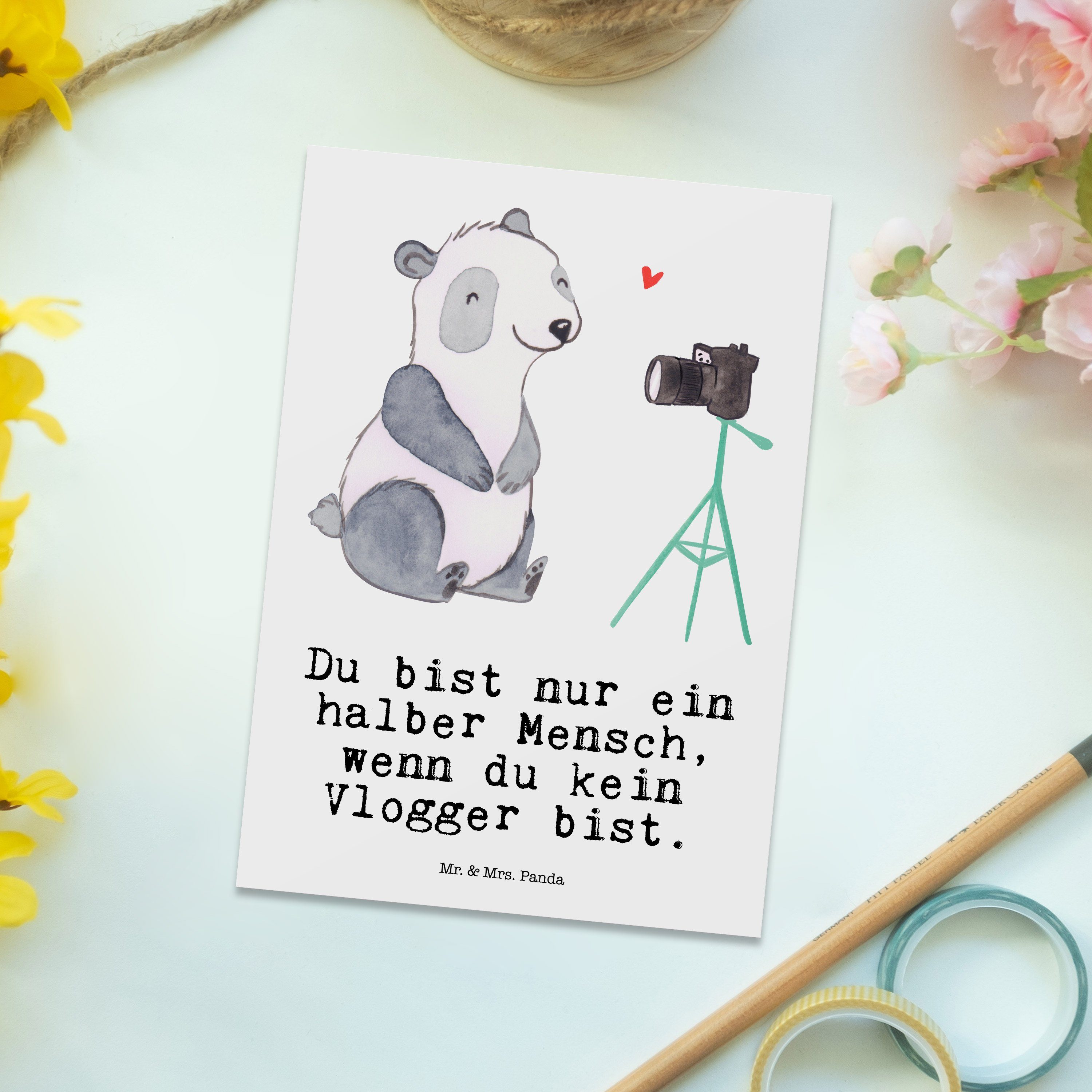 Mr. & Mrs. - Firma, Geburtstagskarte, Kollege mit Geschenk, Panda Postkarte Herz - Weiß Vlogger