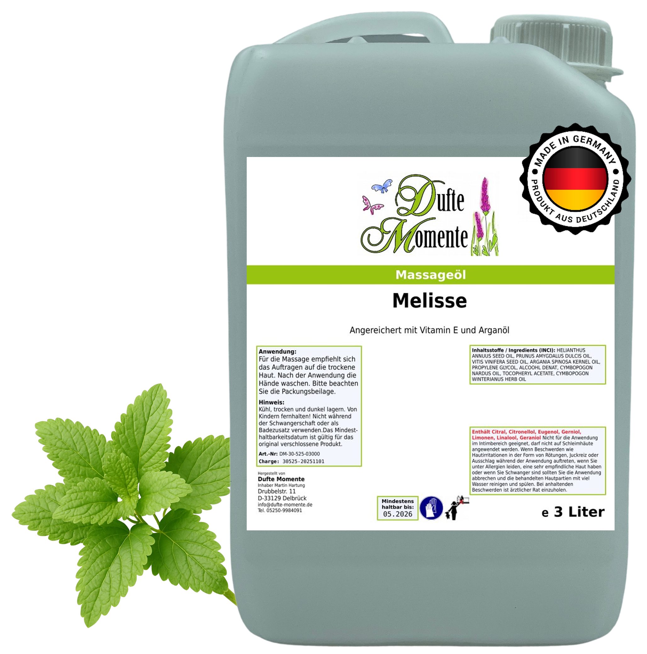 Dufte Momente Massageöl Melisse 250ml - 3 L, hochwertige Pflanzenöle als Basis, vegan und ohne Tierversuche
