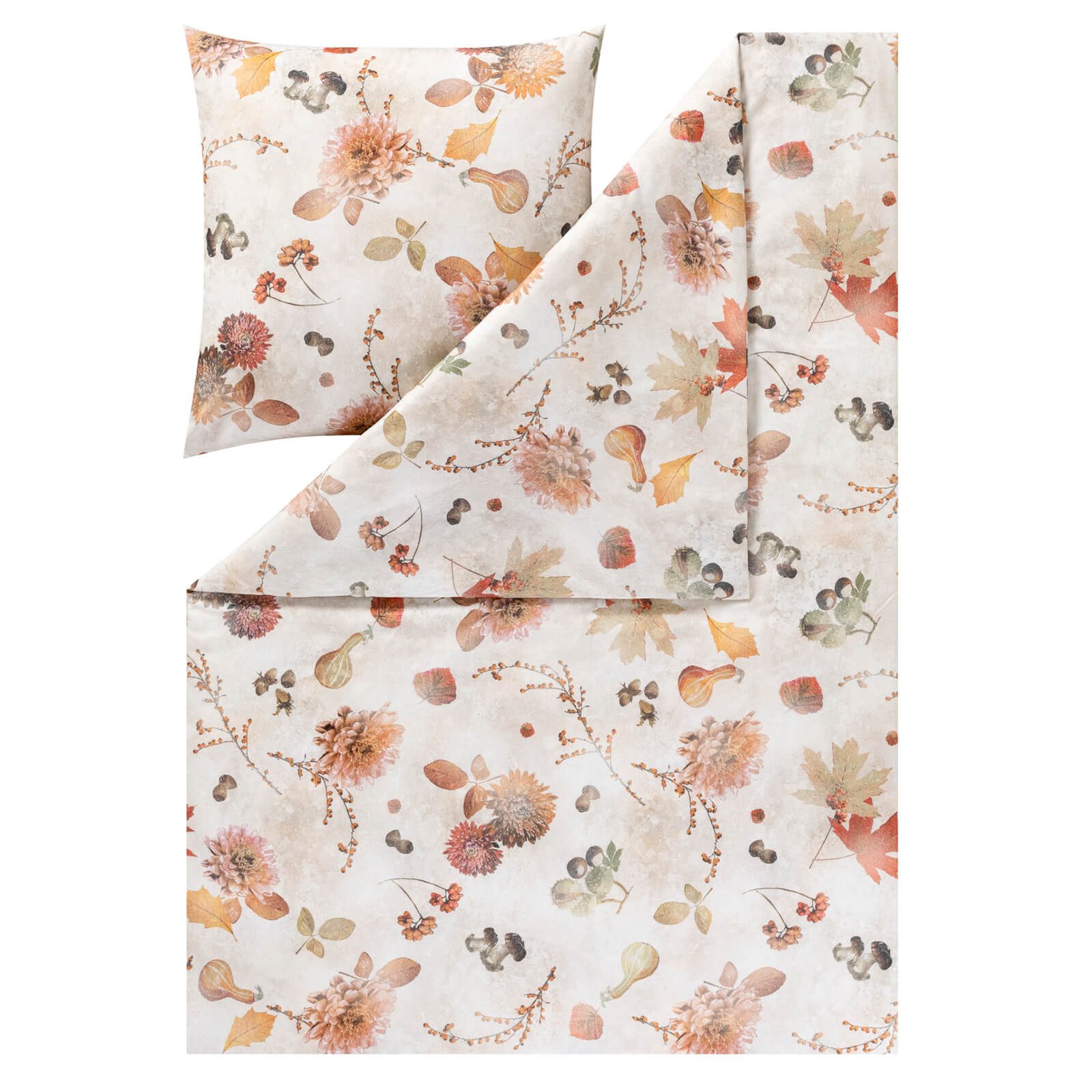 Estella Bettwäsche Autumn Foliage 4470 325, Flanell, 2 teilig, Kastanie, Pilze, Kürbis, Eicheln, Blätter