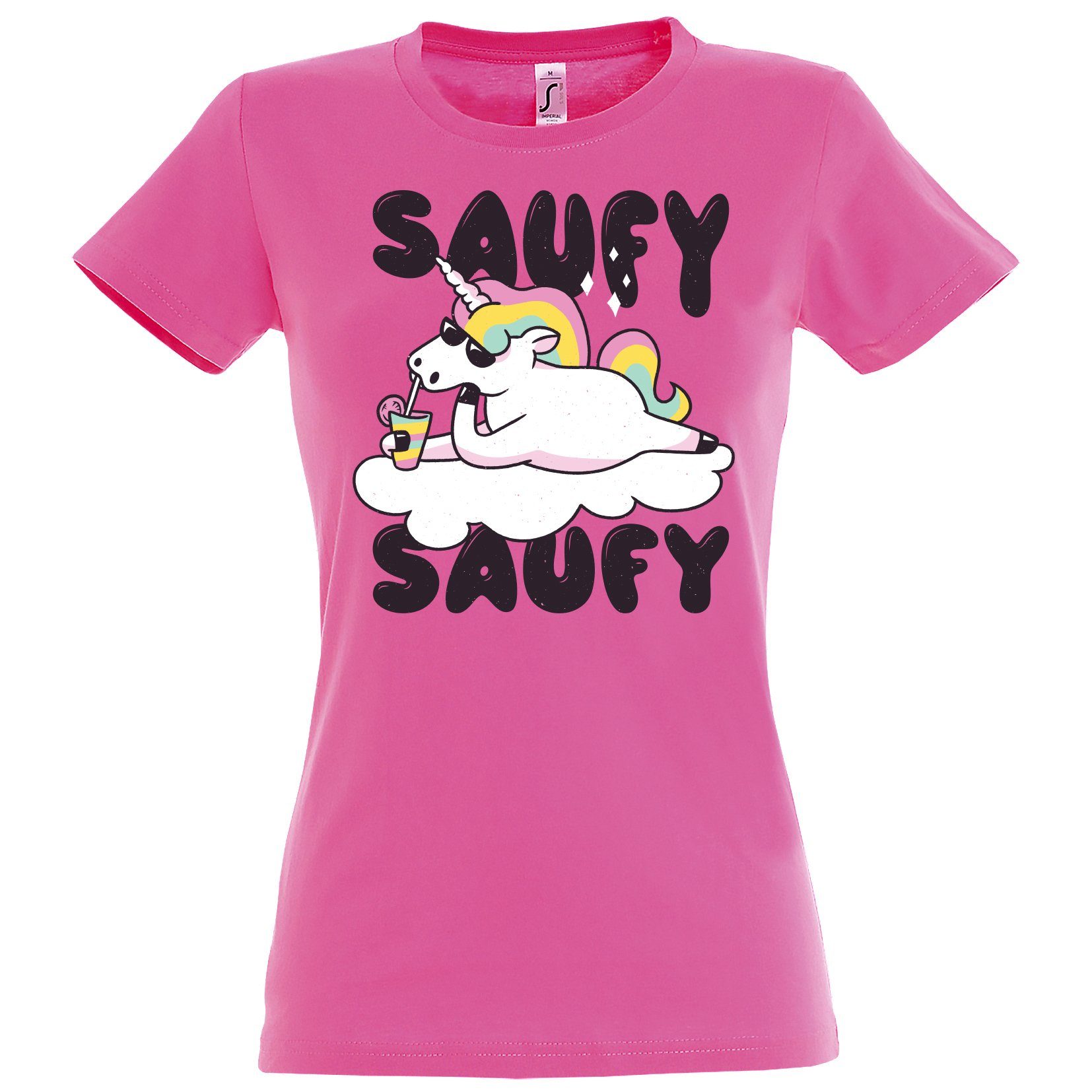 Youth Designz Print-Shirt SAUFY SAUFY Einhorn Damen T-Shirt mit Fun-Look Unicorn Aufdruck und lustigem Spruch Rosa