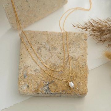 GOLDEN Kette mit Anhänger Süßwasserperle Halskette, Double-Layer Perlenkette, Minimalistische