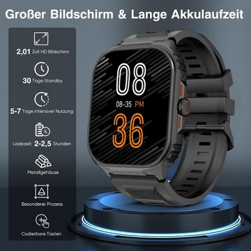 TIFOZEN Herren's HD-Touchscreen IP68 Sportuhr Militär Smartwatch (2,01 Zoll), mit Telefonfunktion Herzfrequen Schlaf Monitor Aktivitäts Tracker