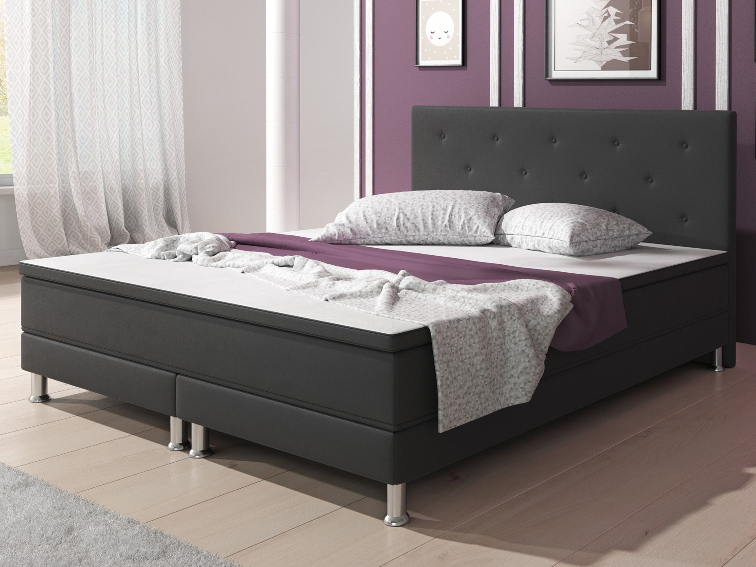 inter Boxspringbett E1 180x200 cm Webstoff, inkl. Matratzen und Topper