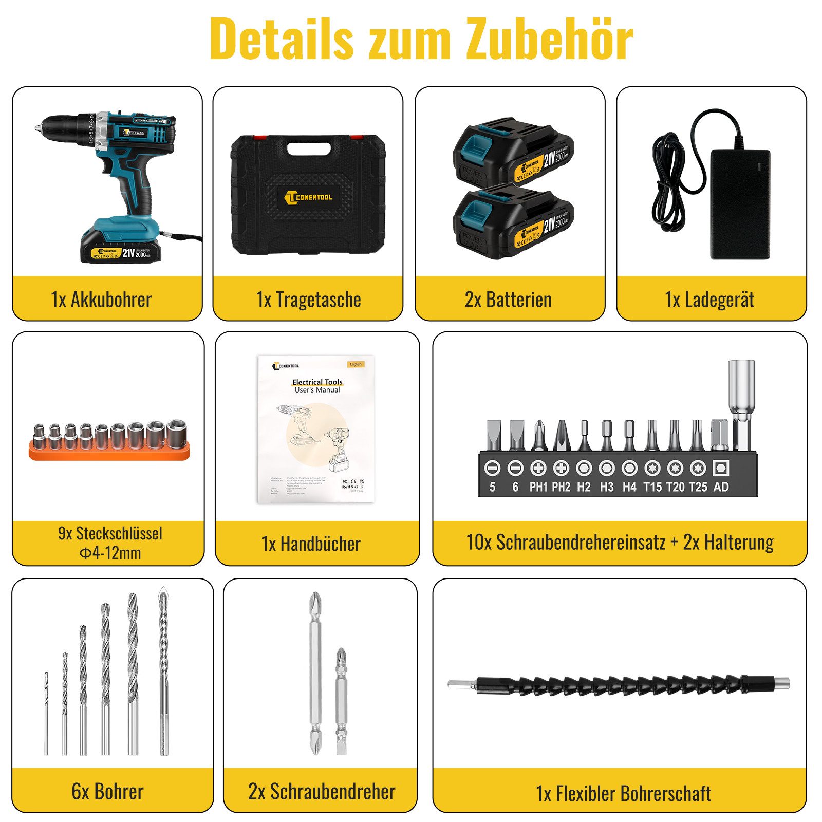 CONENTOOL Akku-Schrauber Akkuschrauber und Bohrschrauber, 1850 U/min, 45 Nm, (Set, 21V), mit 2 x 2000mAh Akkus & 30-tlg. Zubehörset