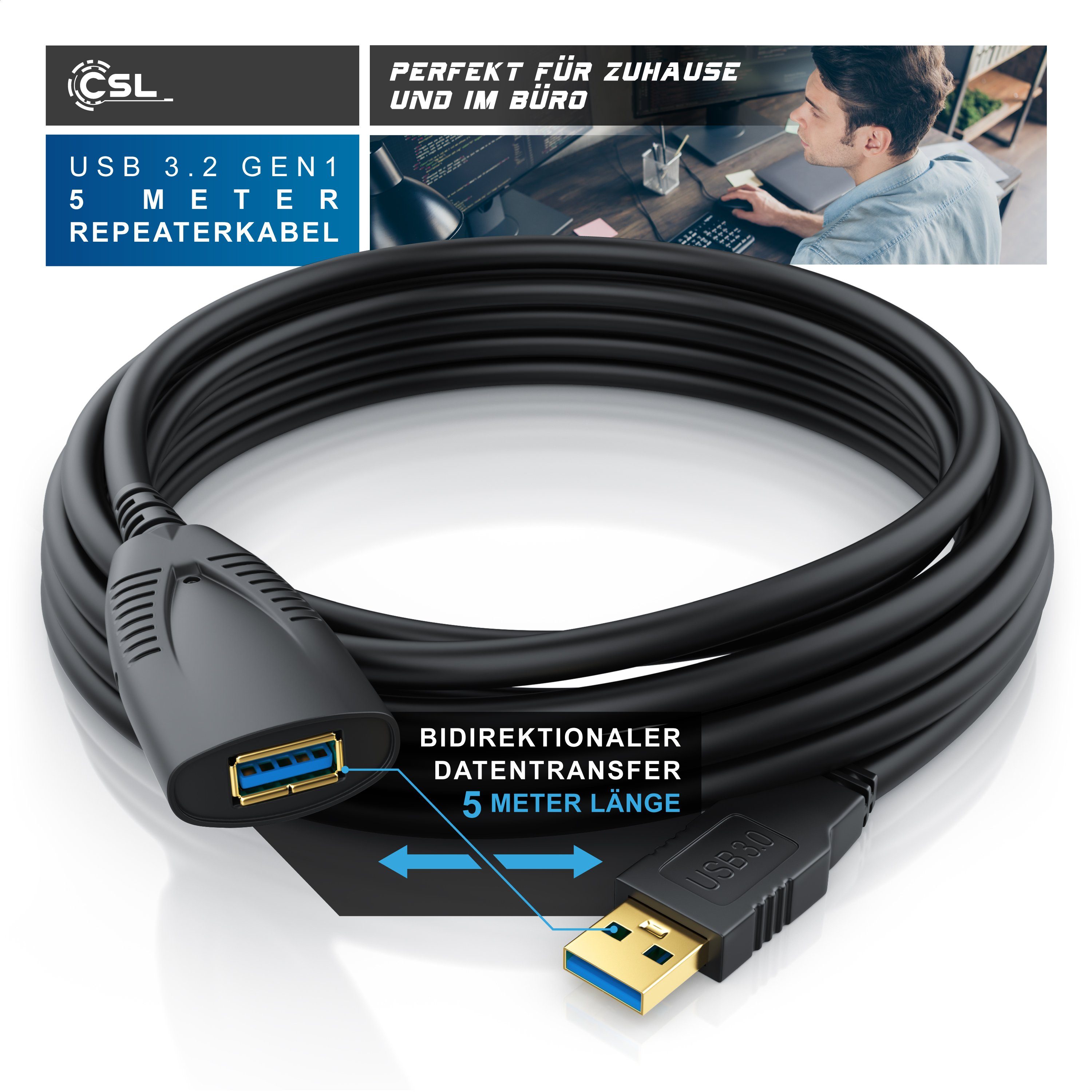 CSL Aktives Repeater Kabel mit Signalverstärkung - 5m Verlängerungskabel, USB 3.0 Typ A (500 cm), für Drucker, Scanner, Webcam, USB-Stick, verlustfreie Übertrag – Bild 3 von 5